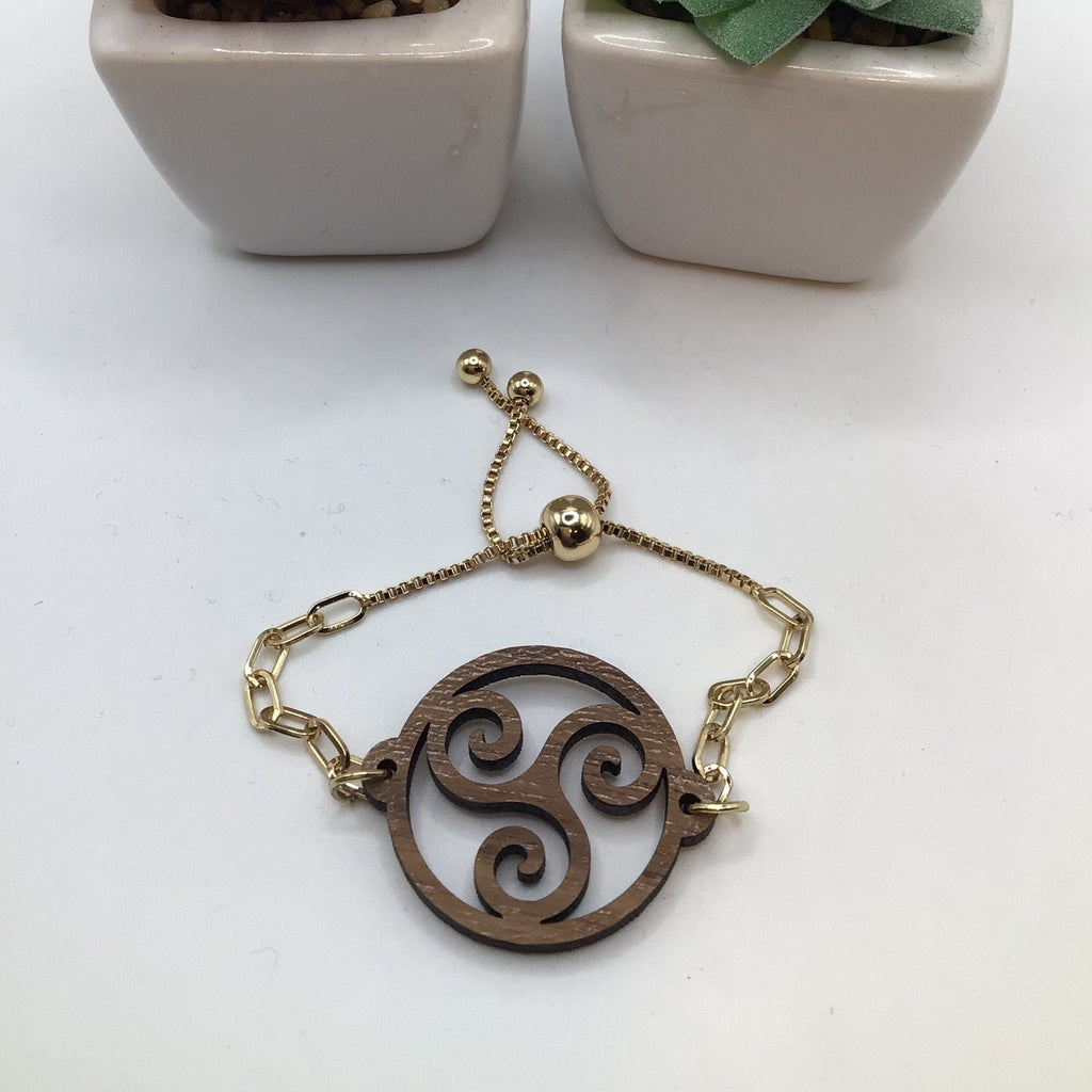 Wood Triskelion on Adjustable Yellow Link Chain Bracelet