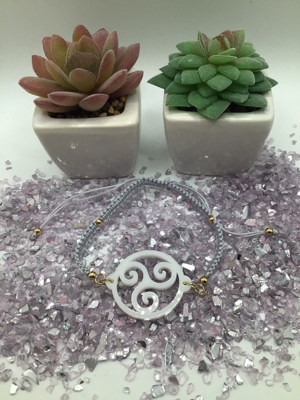 Triskelion White Acrylic on Adjustable Gray Bracelet
