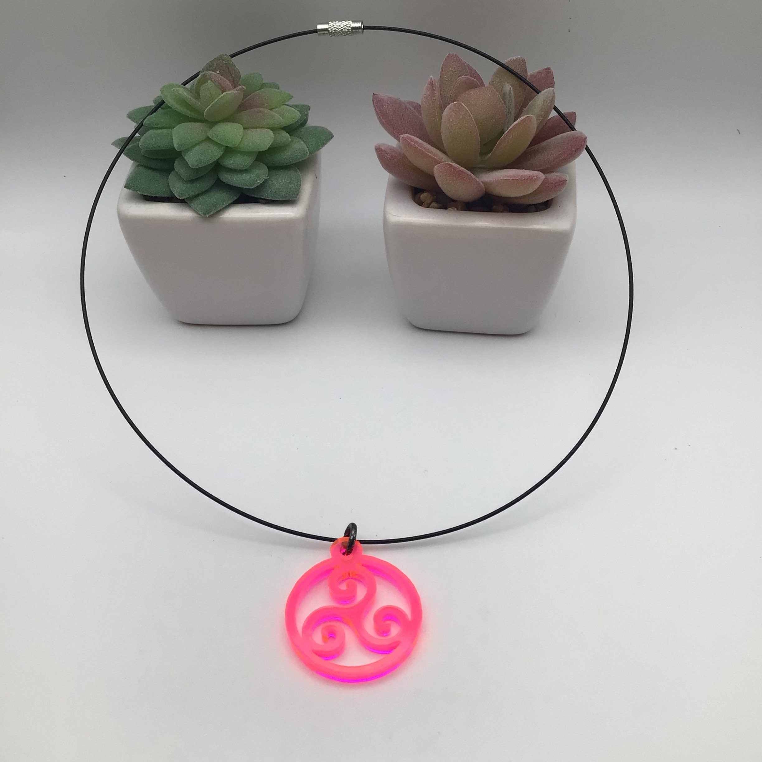 Triskelion Hot Pink Acrylic On 16" Wire Cord, BDSM Collar / Necklace