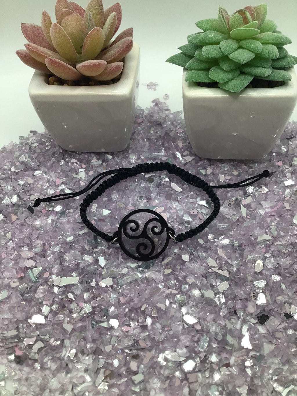 Triskelion Black Acrylic on Adjustable Black Cord Bracelet