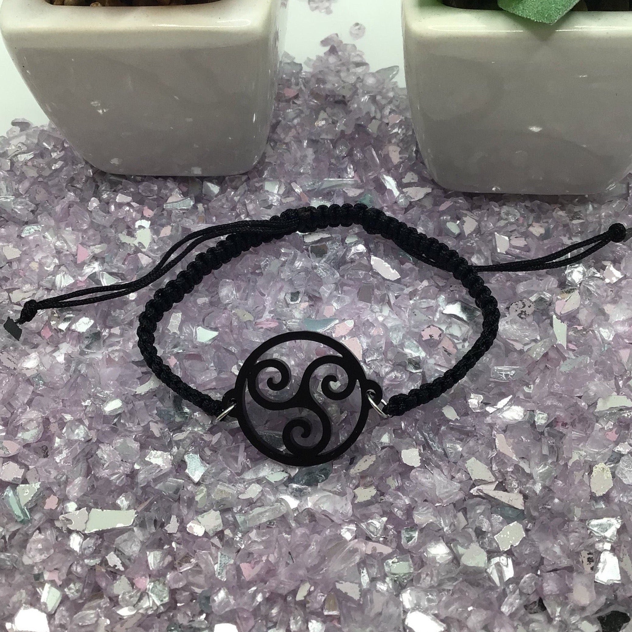 Triskelion Black Acrylic on Adjustable Black Cord Bracelet