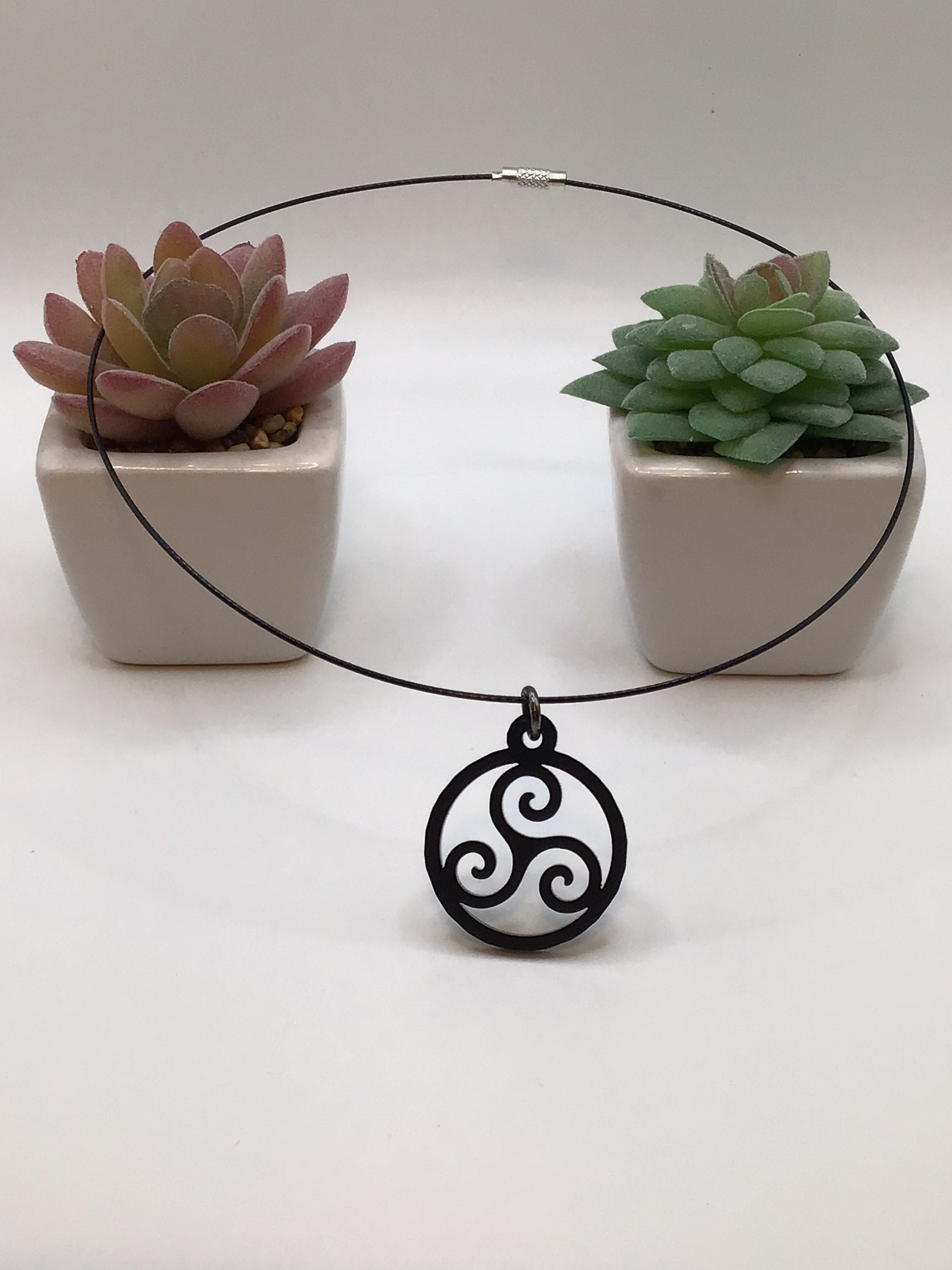 Triskelion Black Acrylic On 16" Wire Cord, BDSM Collar / Necklace