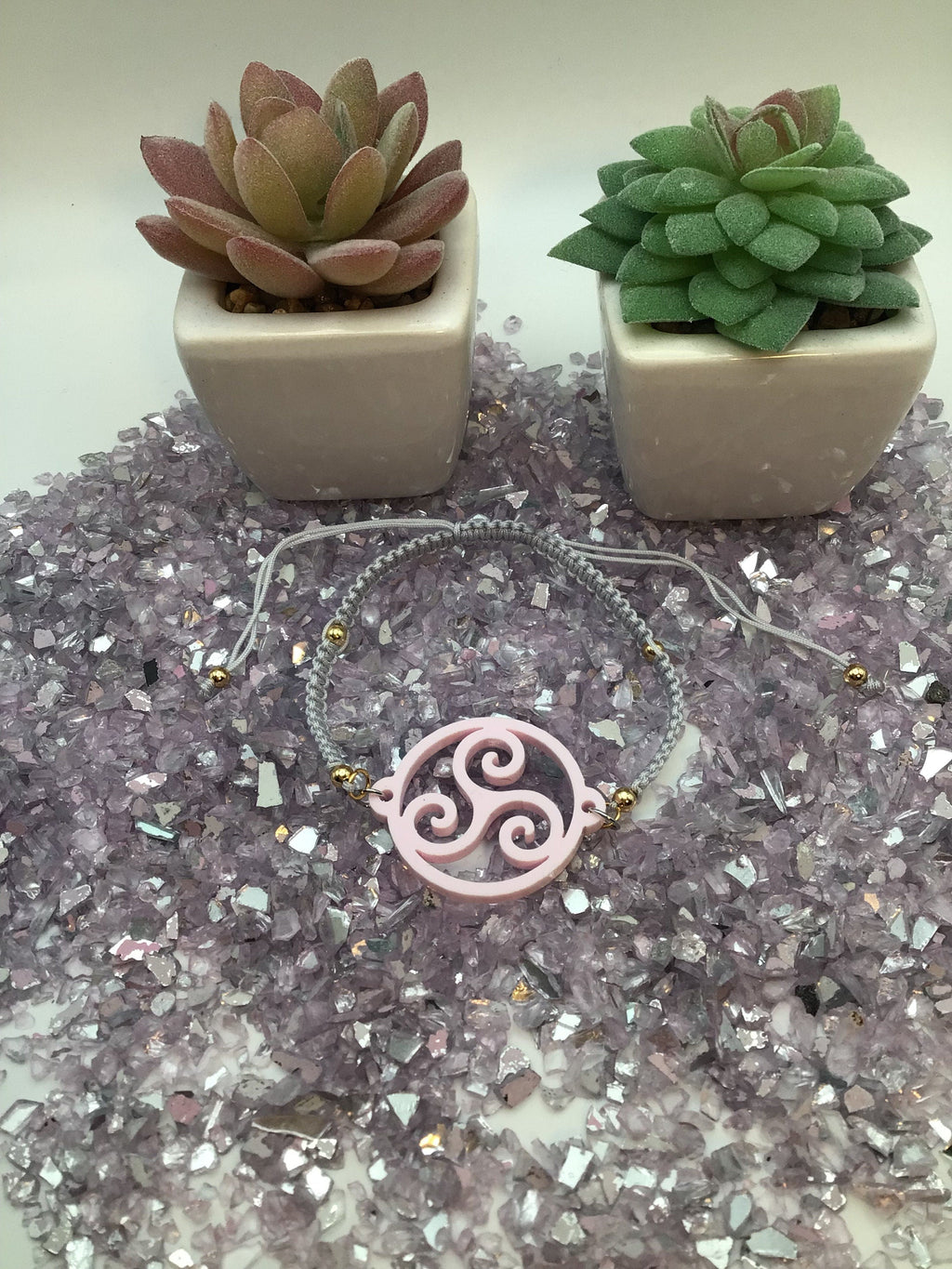 Triskelion Tulip Pink Acrylic on Adjustable Gray Bracelet