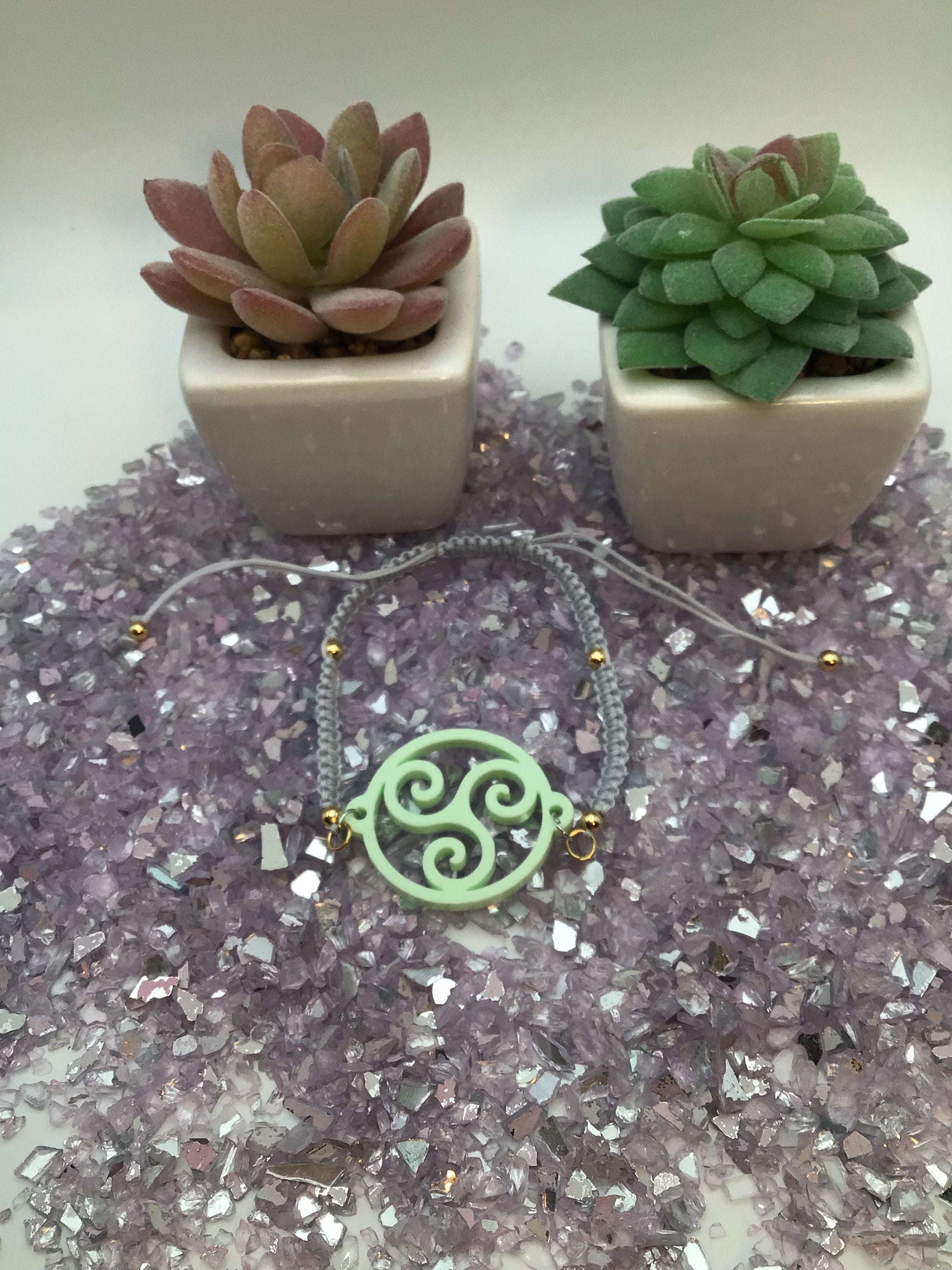 Triskelion Mint Green Acrylic on Adjustable Gray Bracelet