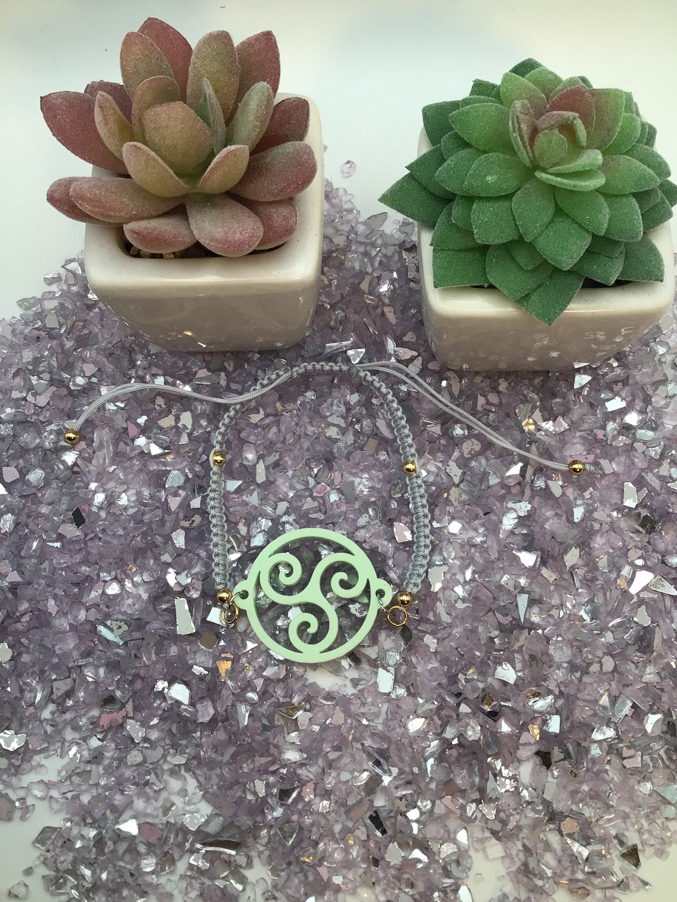 Triskelion Mint Green Acrylic on Adjustable Gray Bracelet