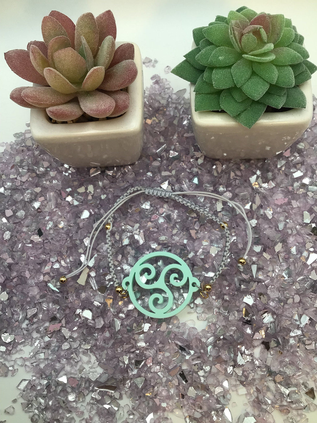 Triskelion Sea Holly Teal Acrylic on Adjustable Gray Bracelet
