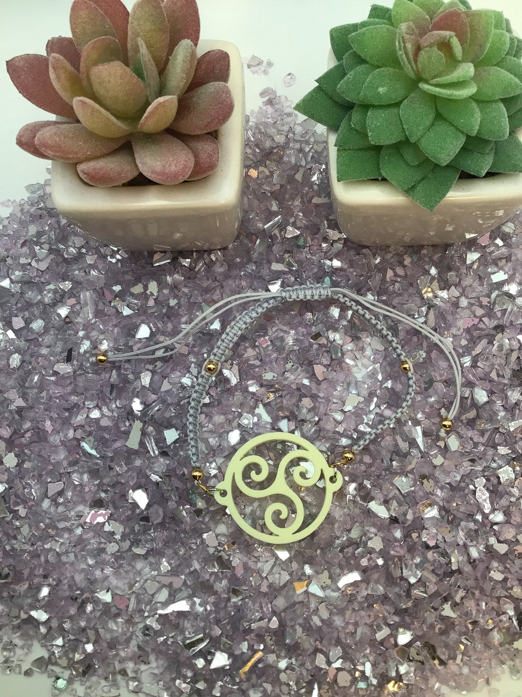 Triskelion Butter Cup Yellow Acrylic on Adjustable Gray Bracelet