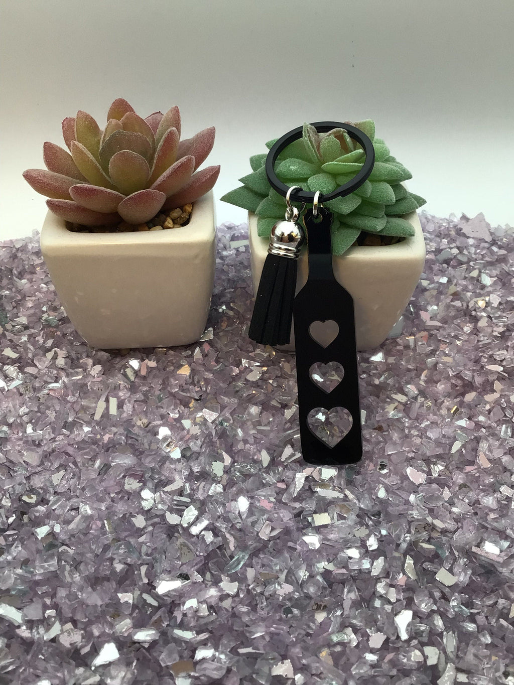 Heart Paddle Keyring, Black Acrylic w/Black Tassel