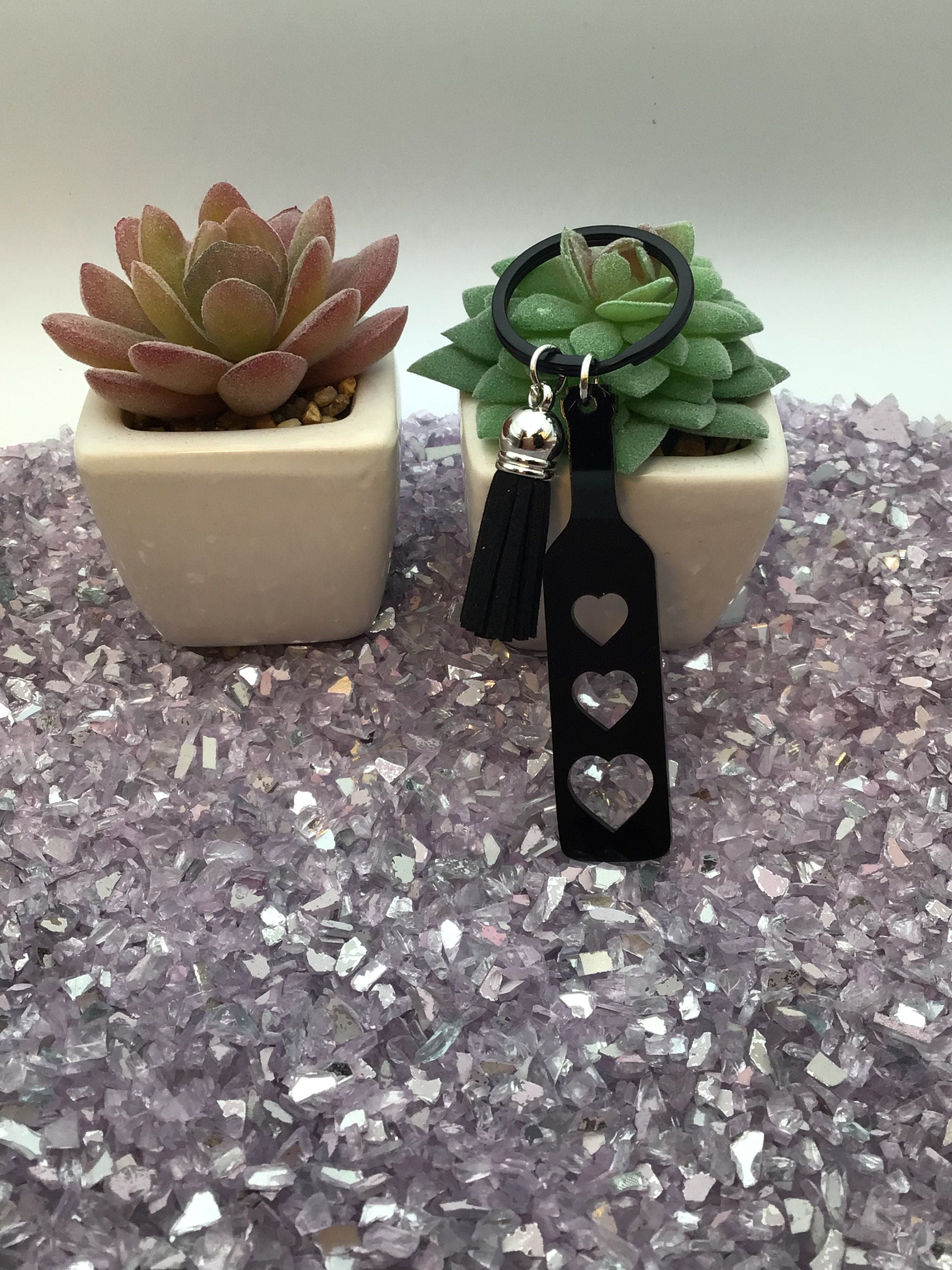 Heart Paddle Keyring, Black Acrylic w/Black Tassel