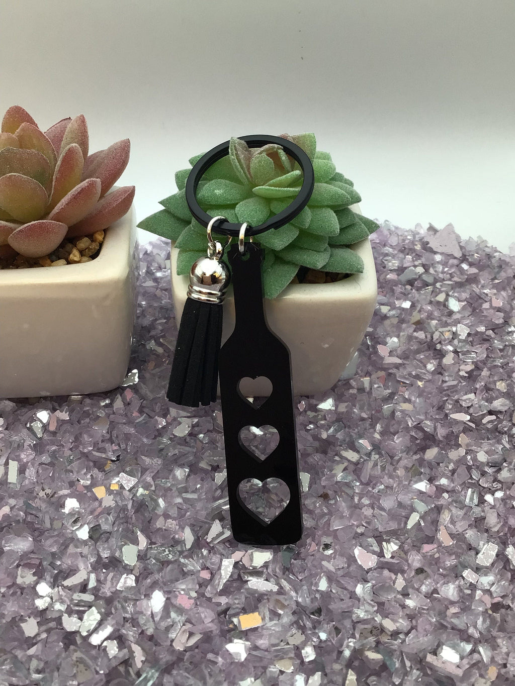 Heart Paddle Keyring, Black Acrylic w/Black Tassel
