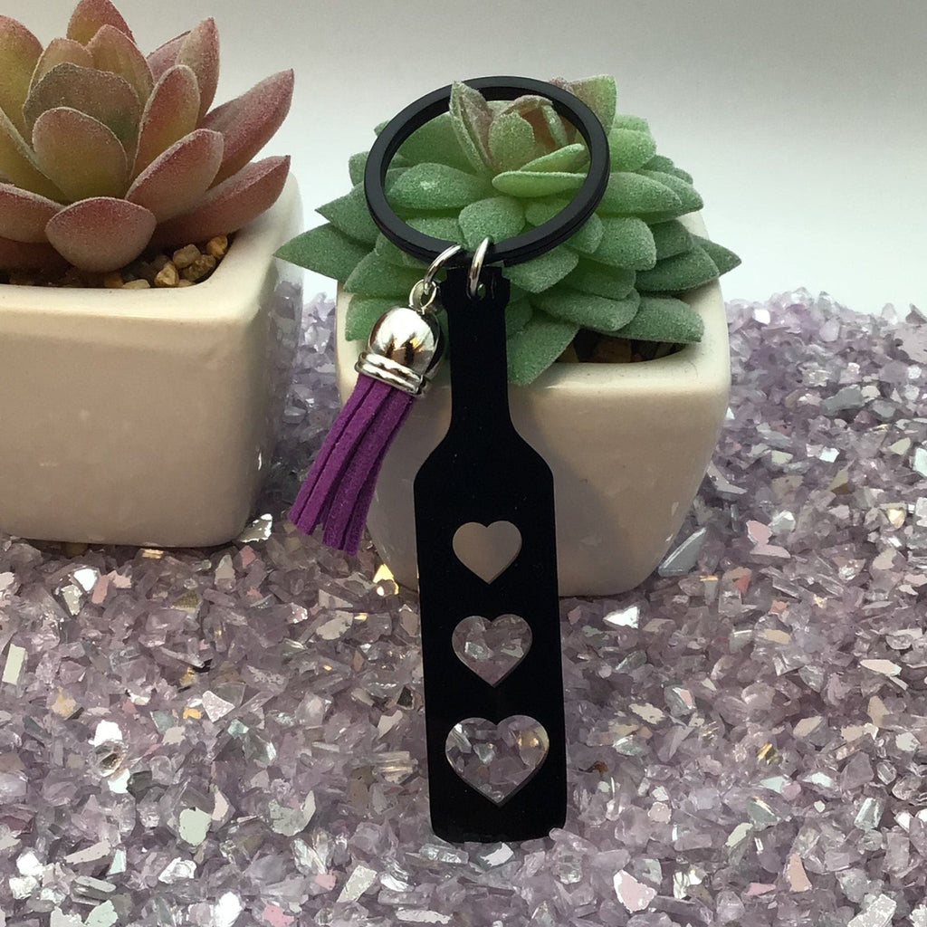 Heart Paddle Keyring, Black Acrylic w/Purple Tassel