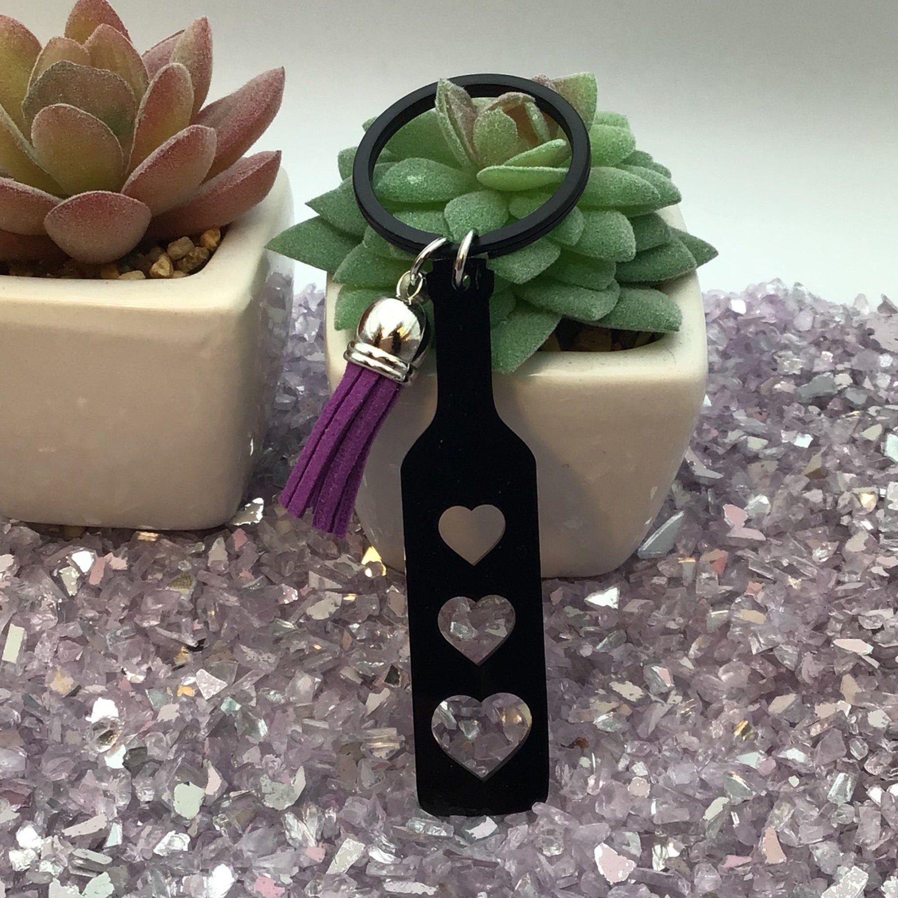 Heart Paddle Keyring, Black Acrylic w/Purple Tassel