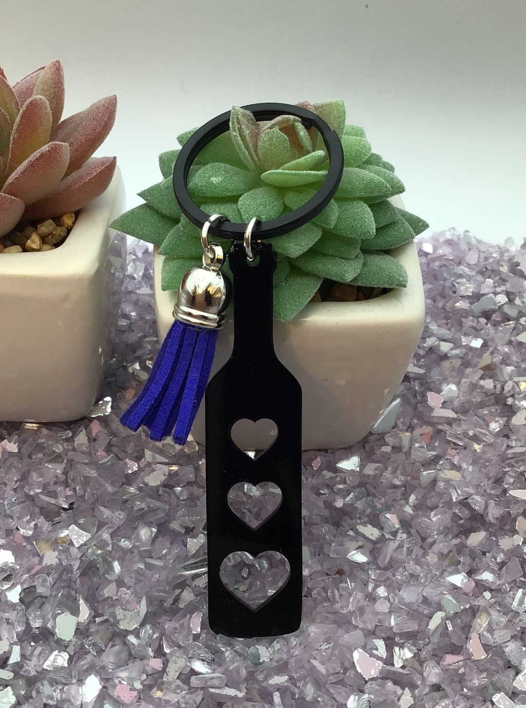 Heart Paddle Keyring, Black Acrylic w/Royal Blue Tassel