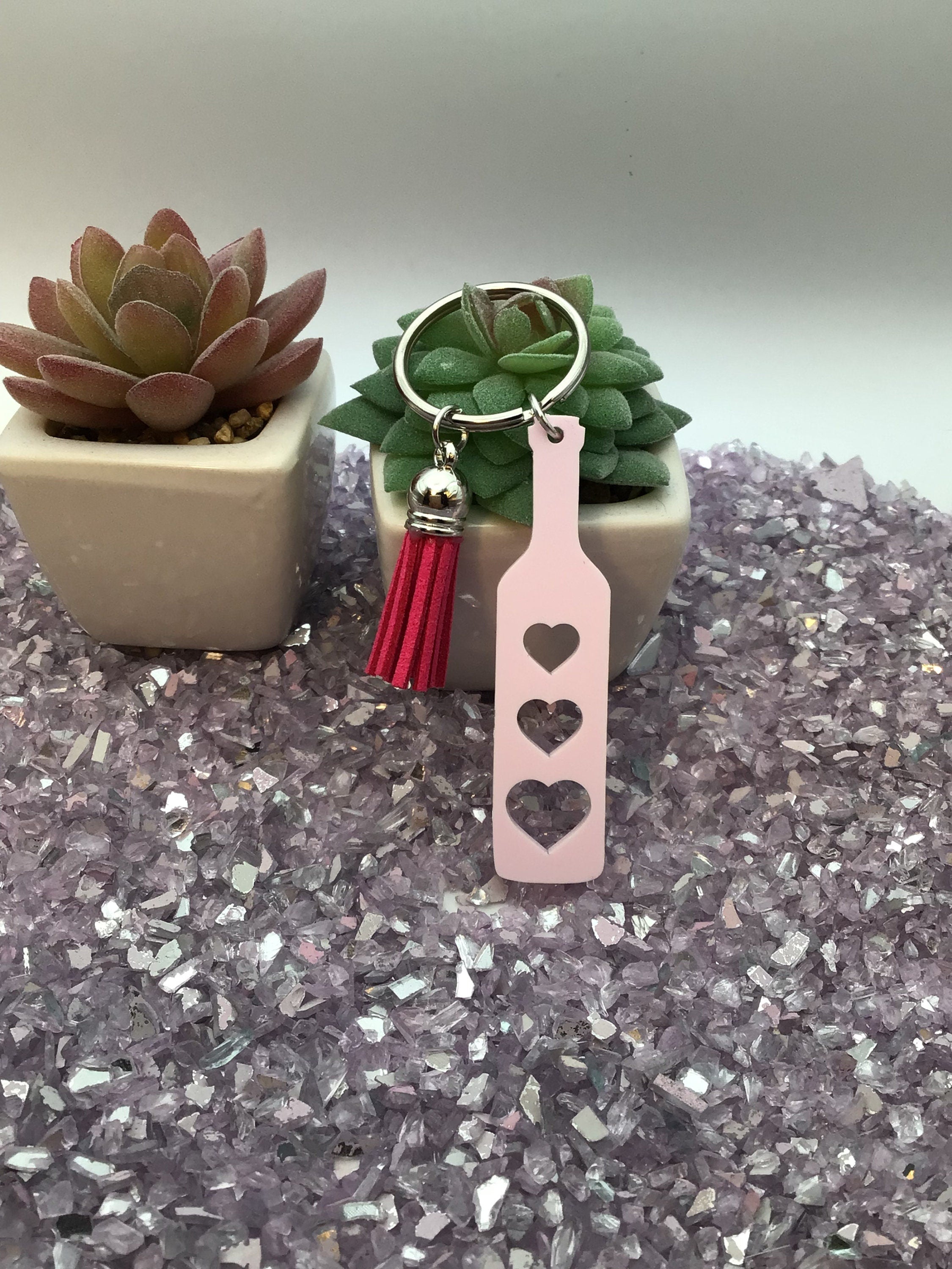 Heart Paddle Keyring, Tulip Pink Acrylic w/Fuchsia Pink Tassel