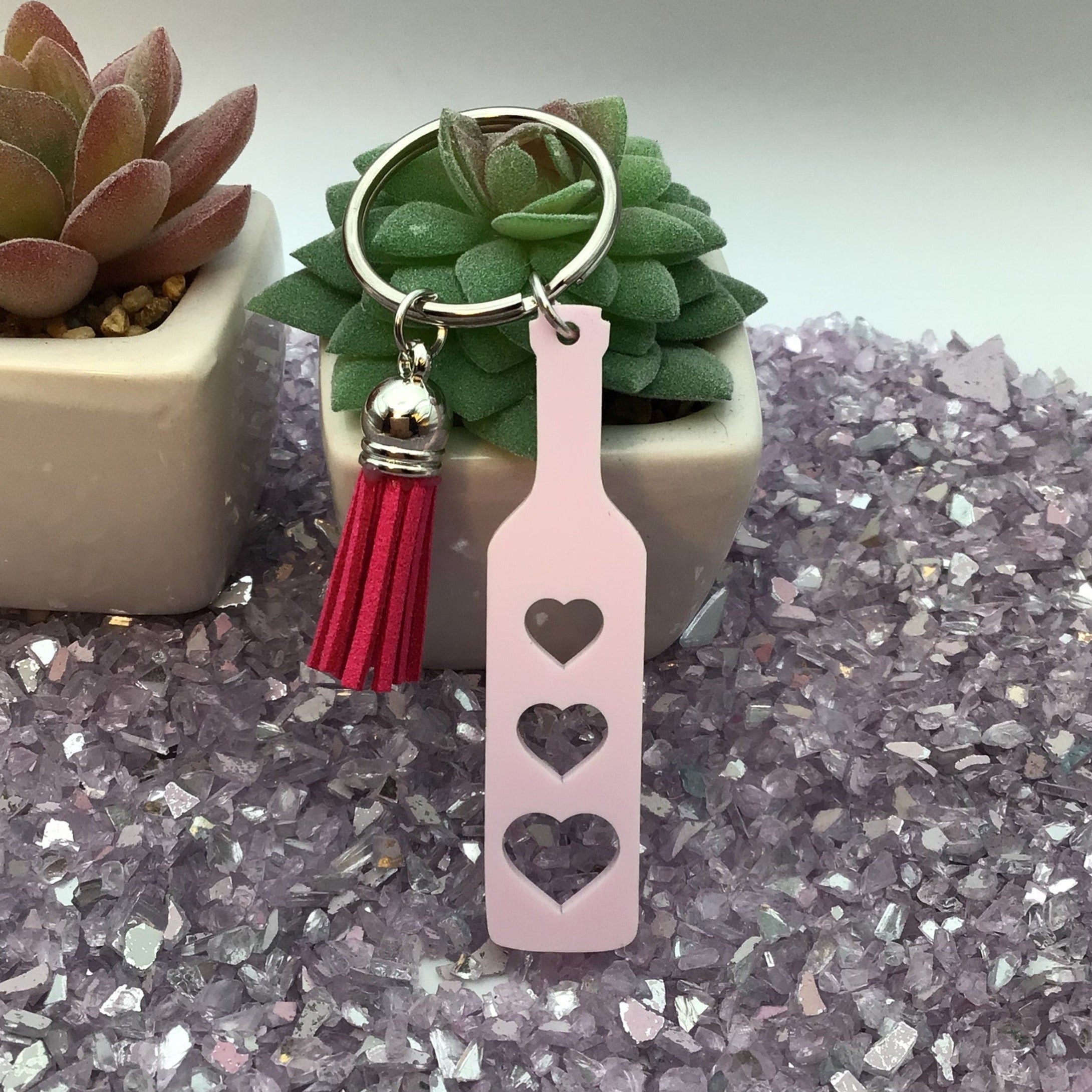 Heart Paddle Keyring, Tulip Pink Acrylic w/Fuchsia Pink Tassel