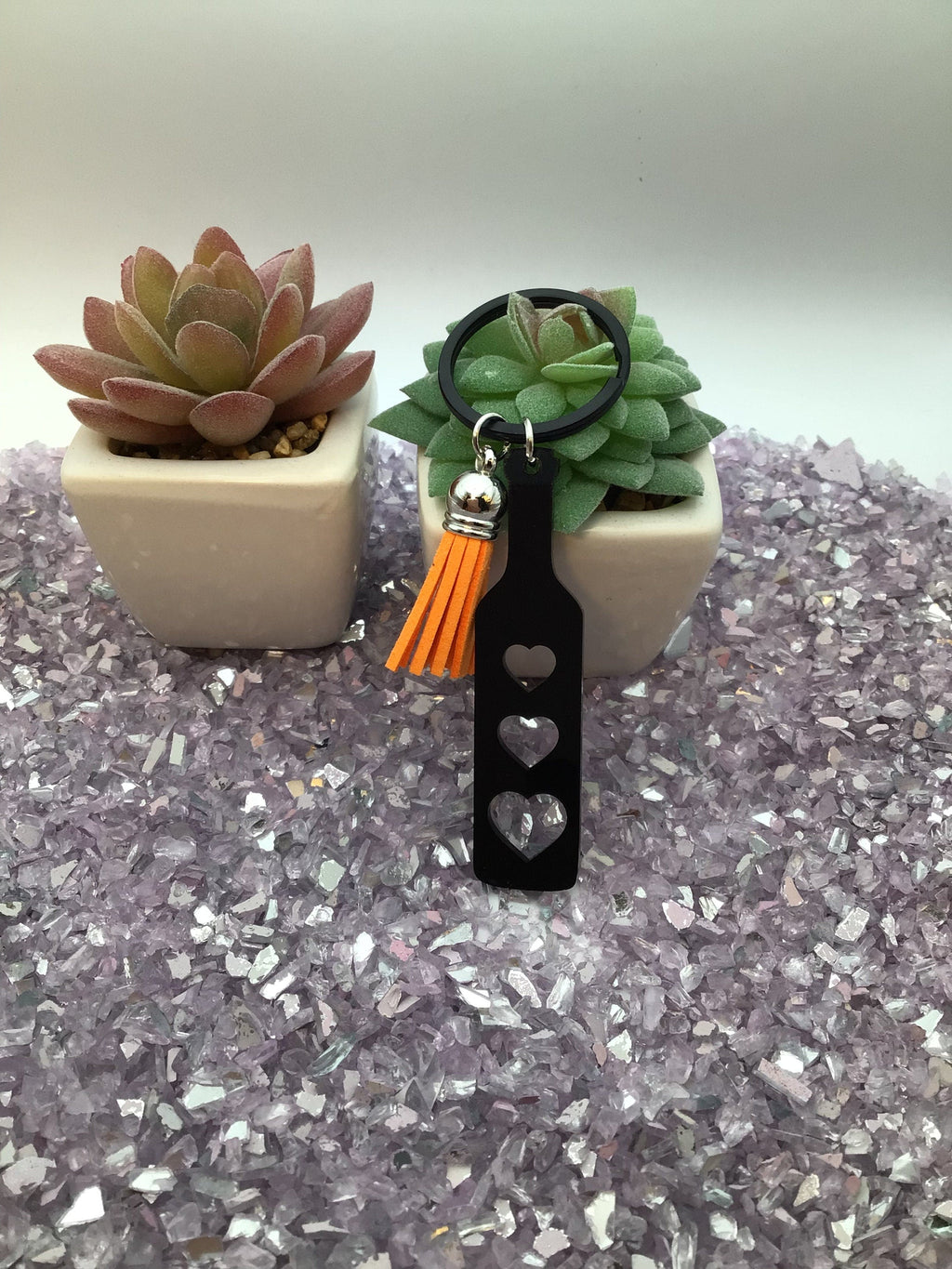 Heart Paddle Keyring, Black Acrylic w/Orange Tassel