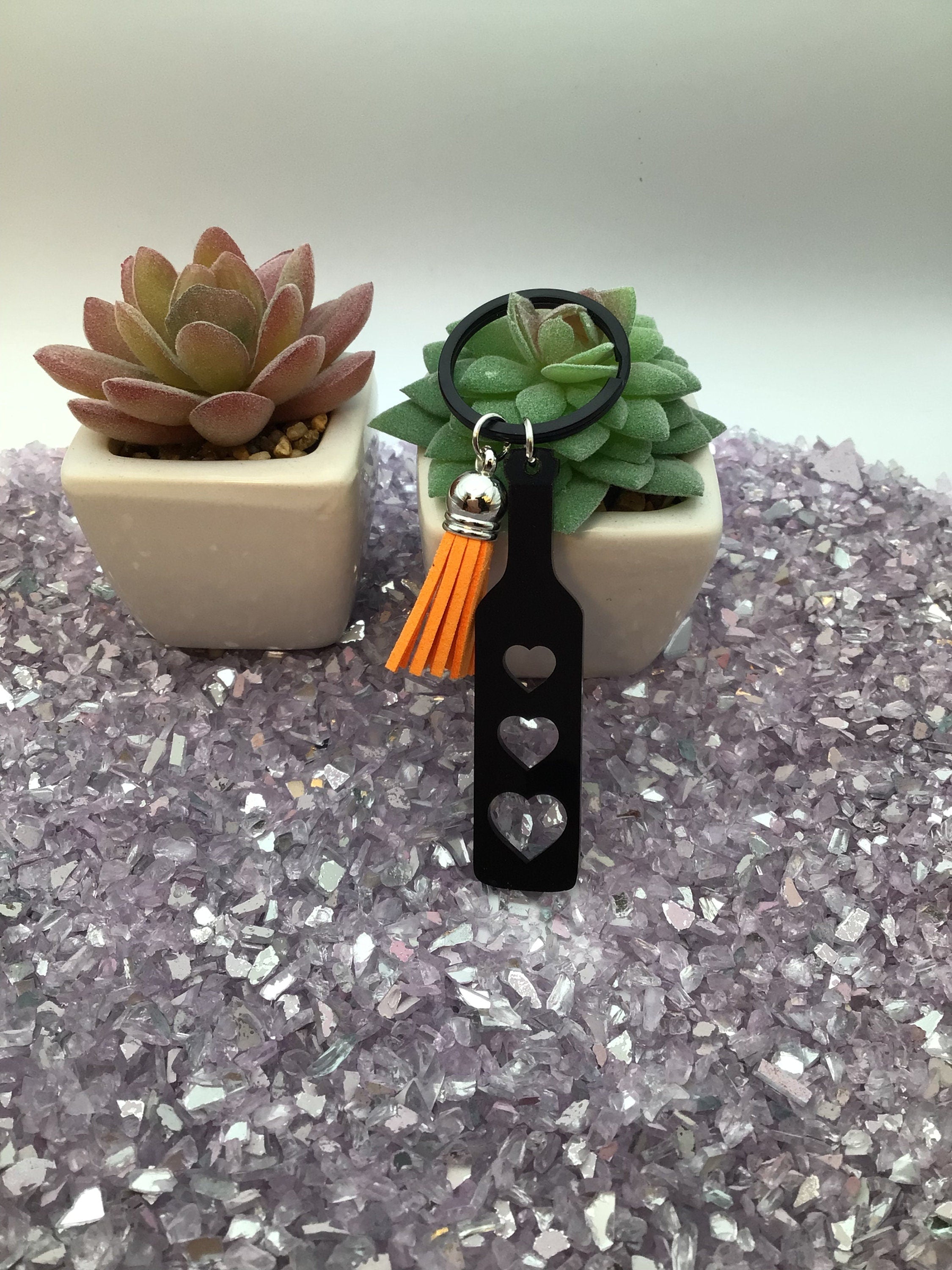 Heart Paddle Keyring, Black Acrylic w/Orange Tassel