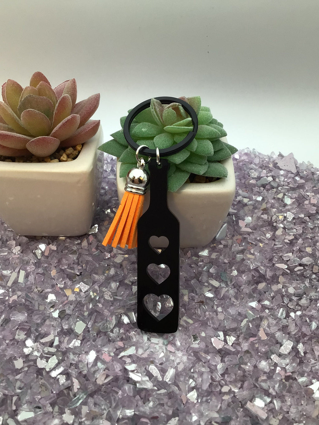 Heart Paddle Keyring, Black Acrylic w/Orange Tassel
