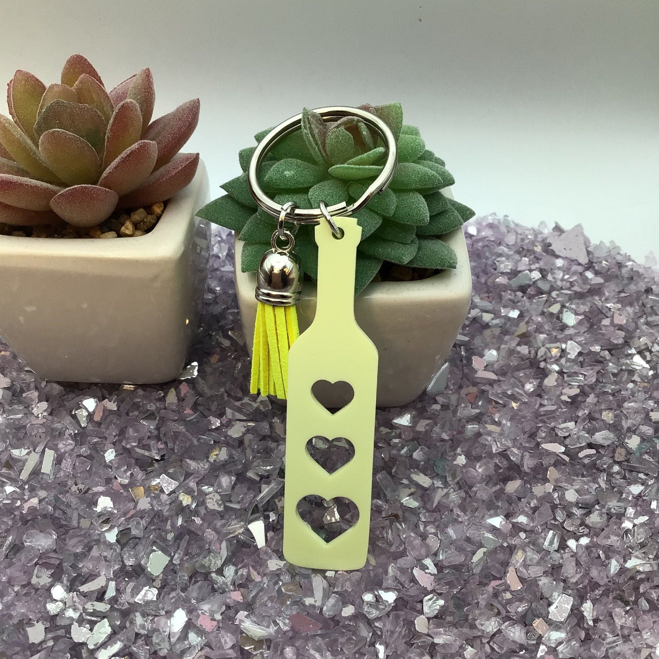 Heart Paddle Keyring, Buttercup Yellow Acrylic w/Neon Yellow Tassel
