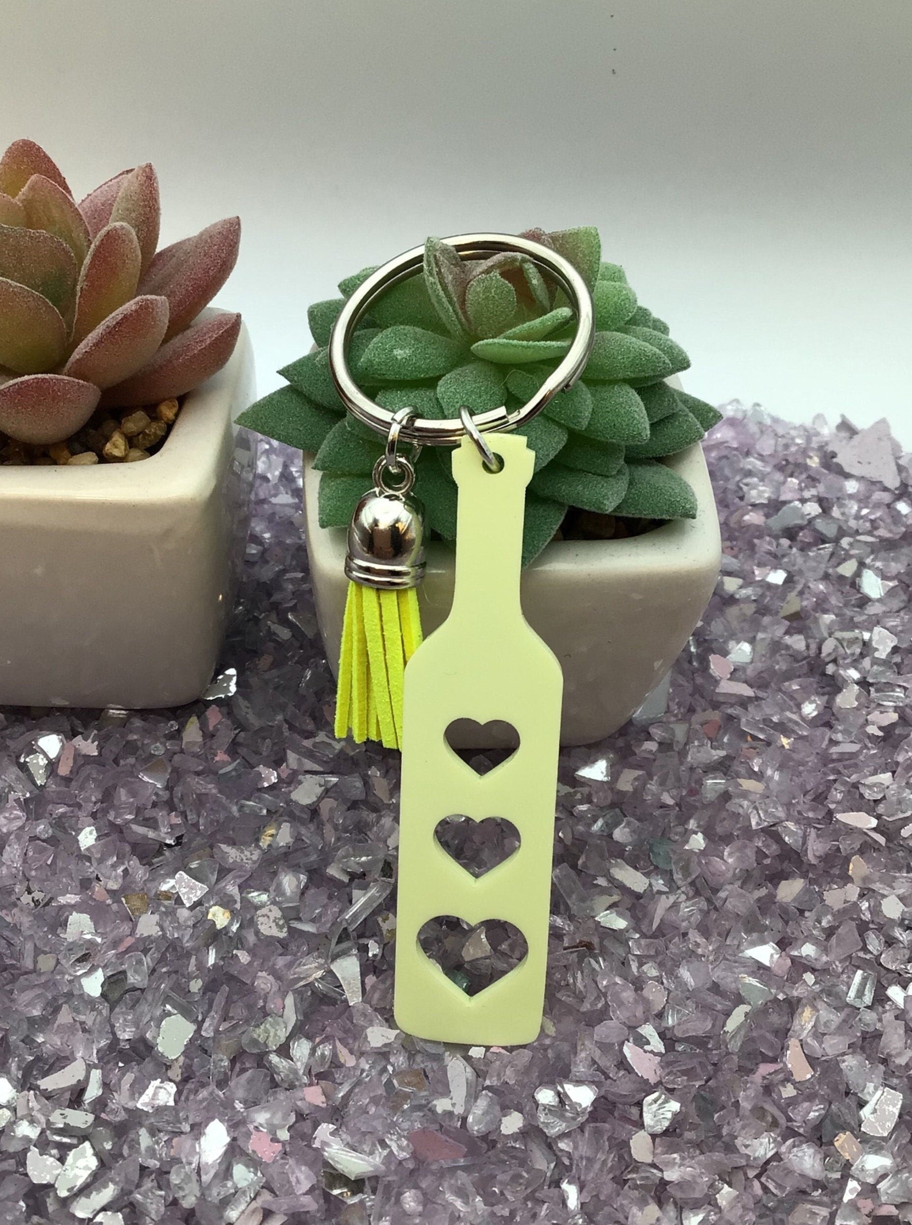 Heart Paddle Keyring, Buttercup Yellow Acrylic w/Neon Yellow Tassel