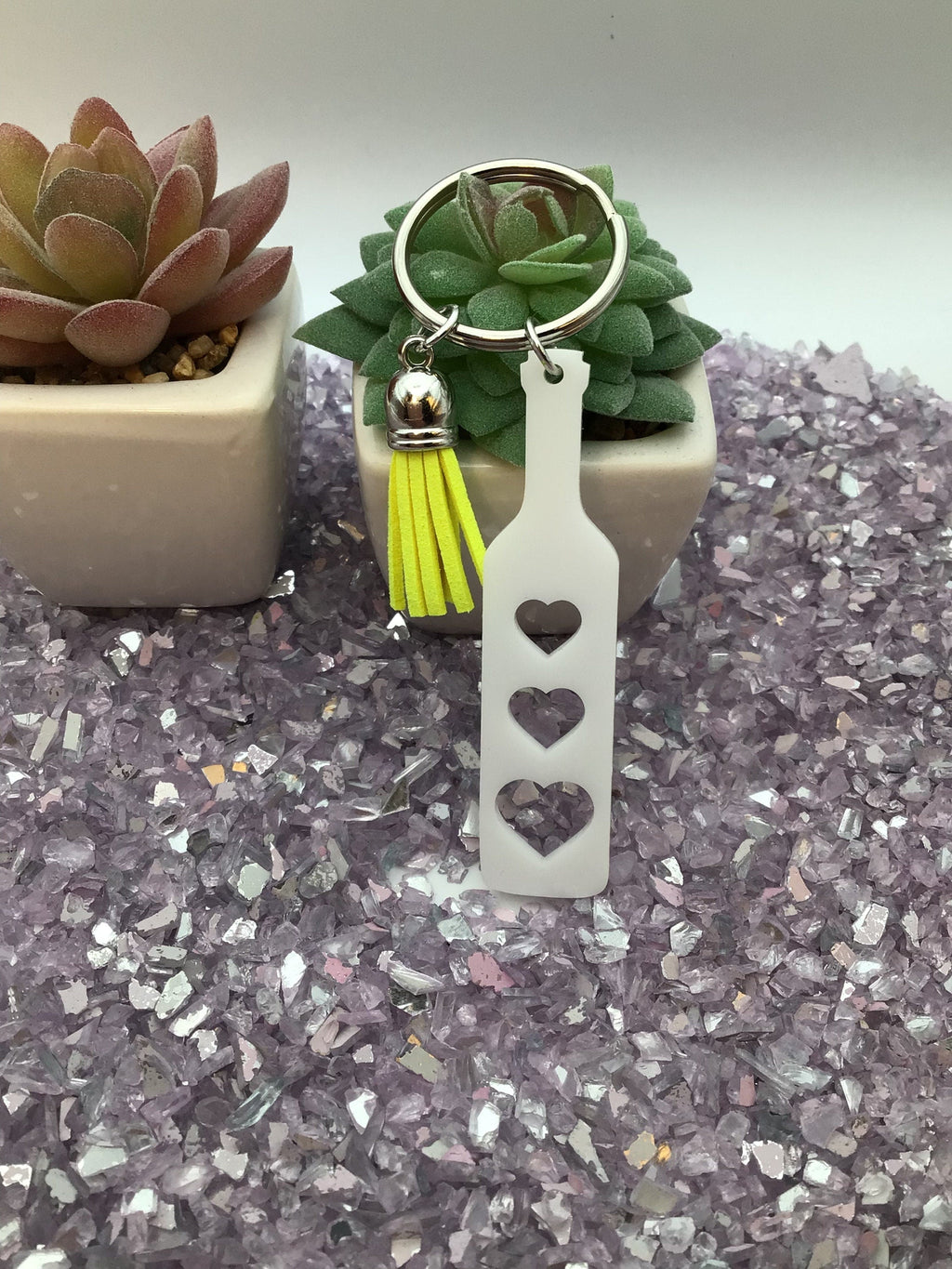 Heart Paddle Keyring, White Acrylic w/Neon Yellow Tassel
