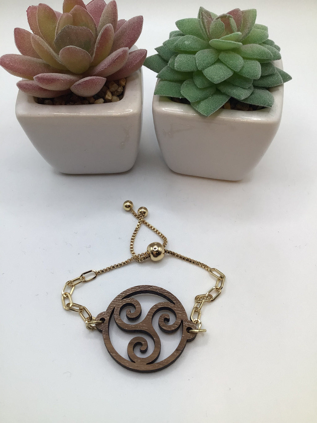 Wood Triskelion on Adjustable Yellow Link Chain Bracelet