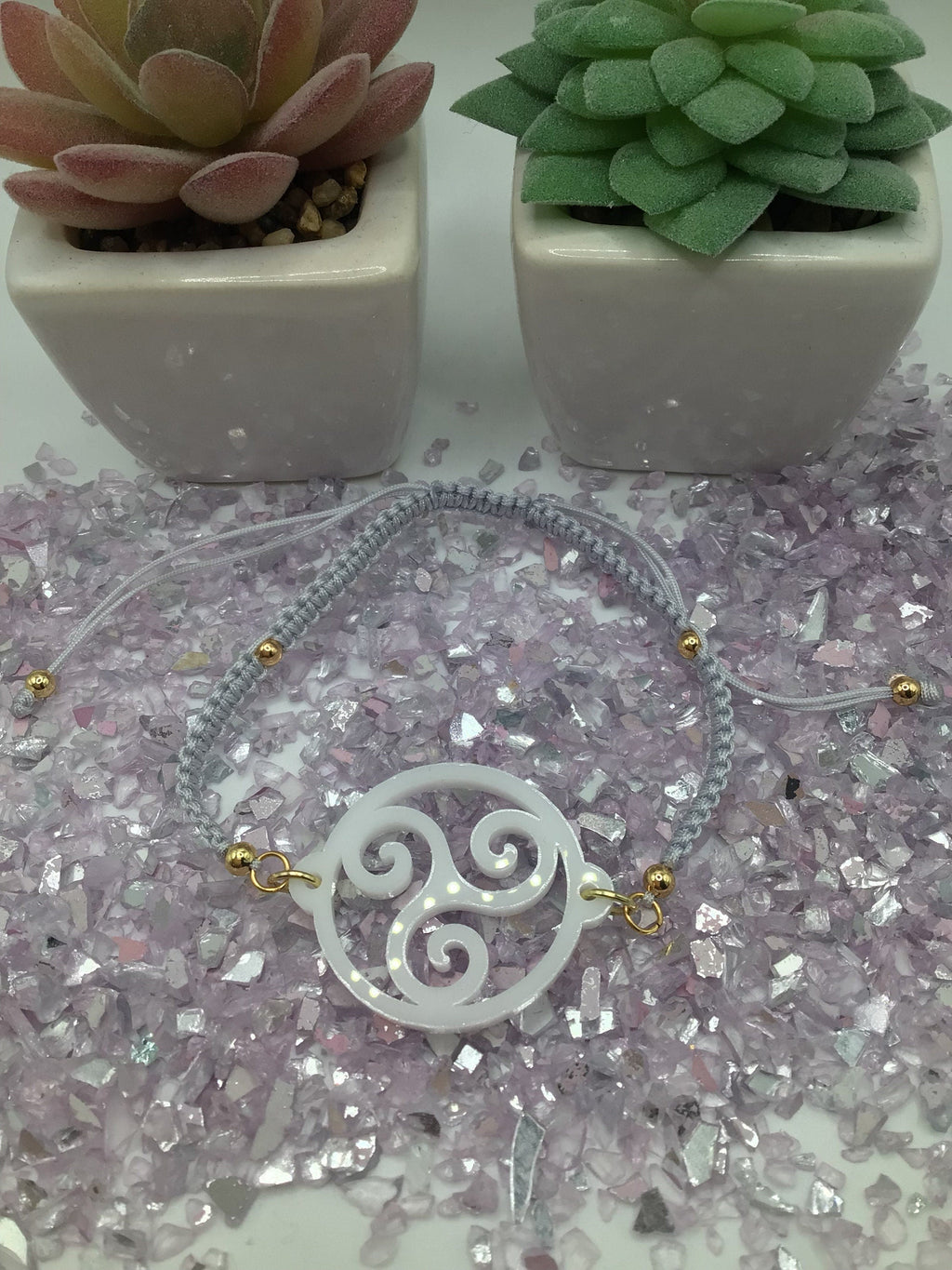 Triskelion White Acrylic on Adjustable Gray Bracelet