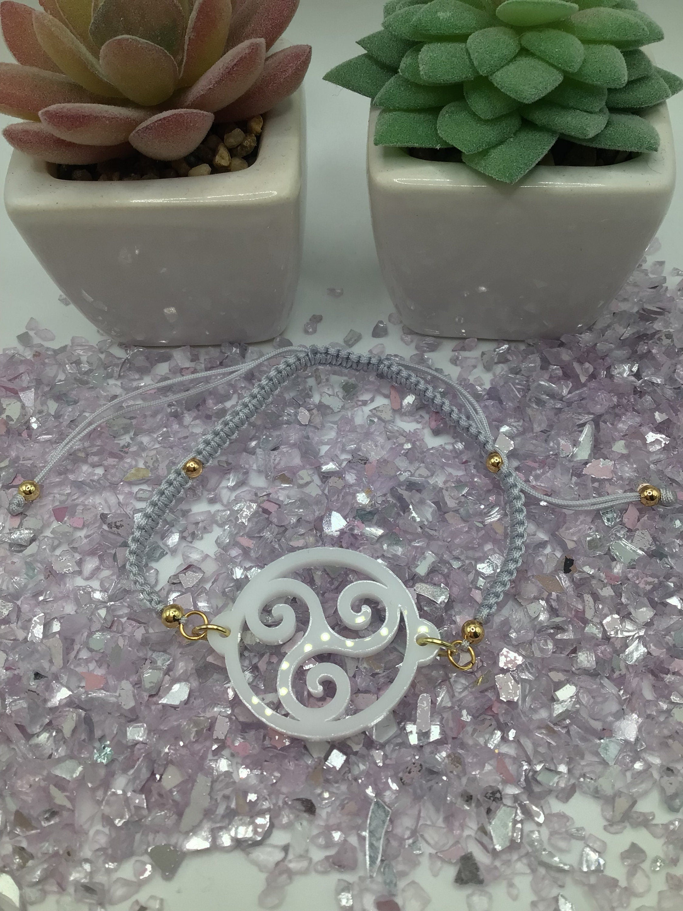 Triskelion White Acrylic on Adjustable Gray Bracelet