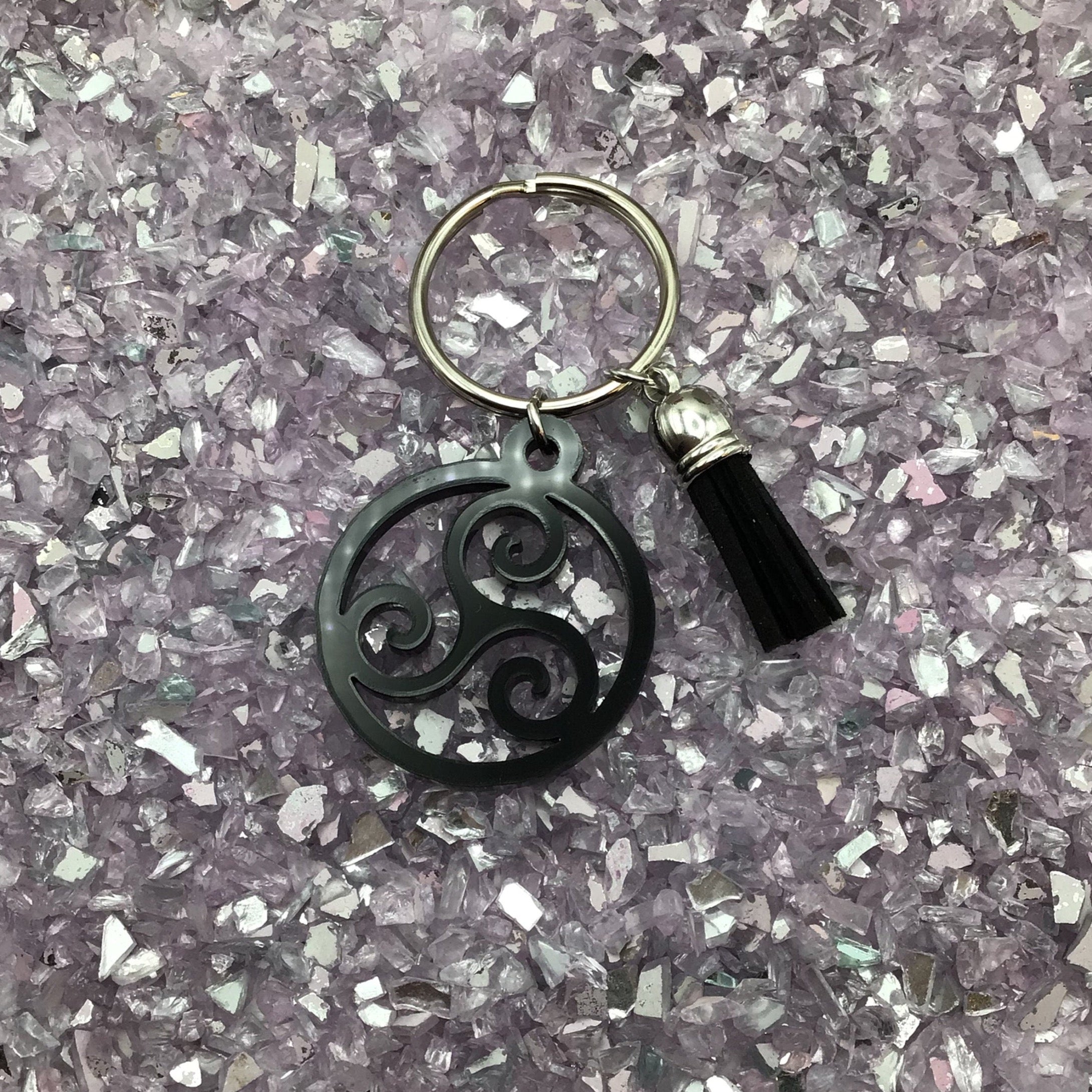 Triskelion Keyring, Black Acrylic & Tassel
