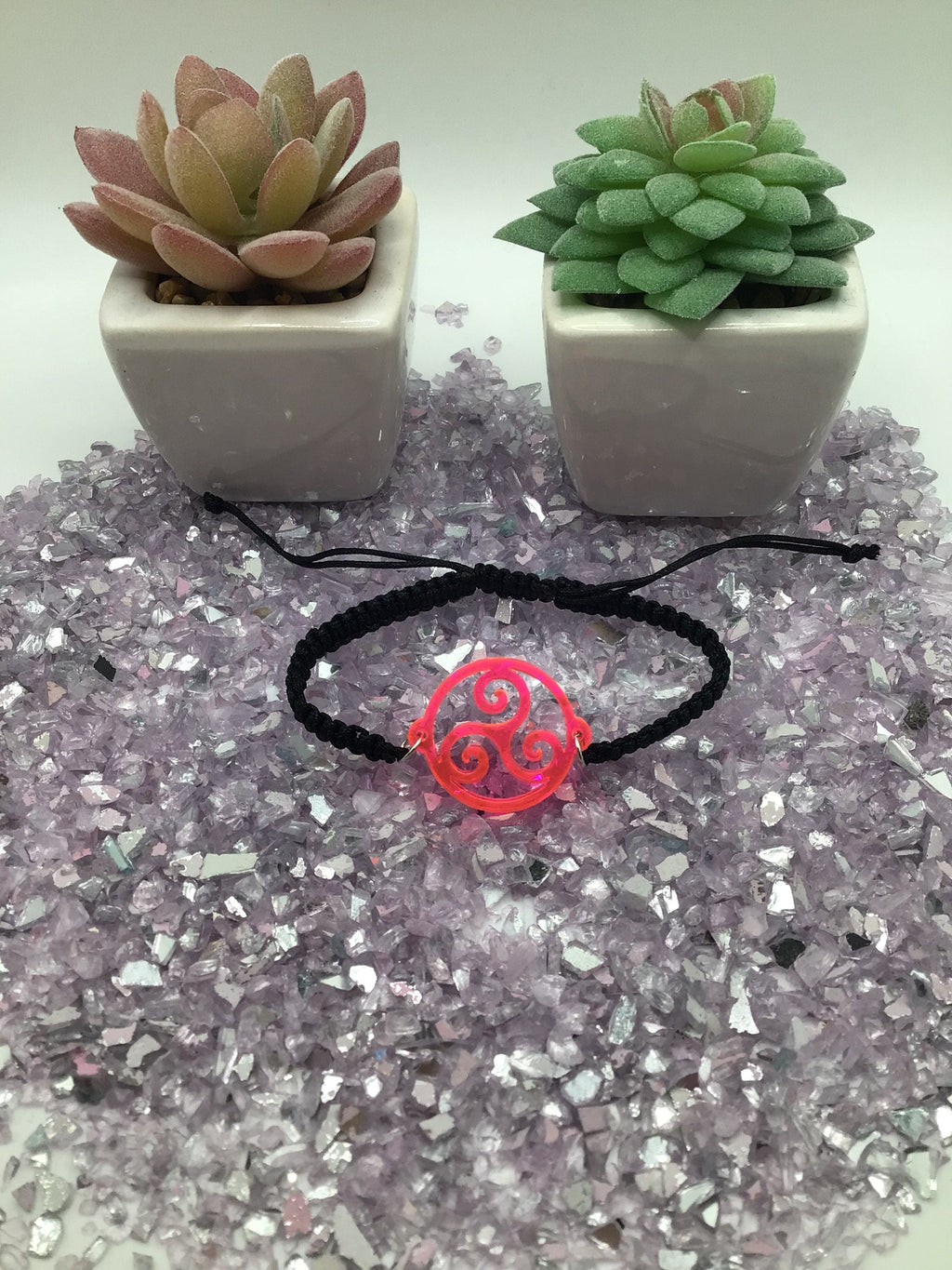 Triskelion Hot Pink Acrylic on Adjustable Black Cord Bracelet