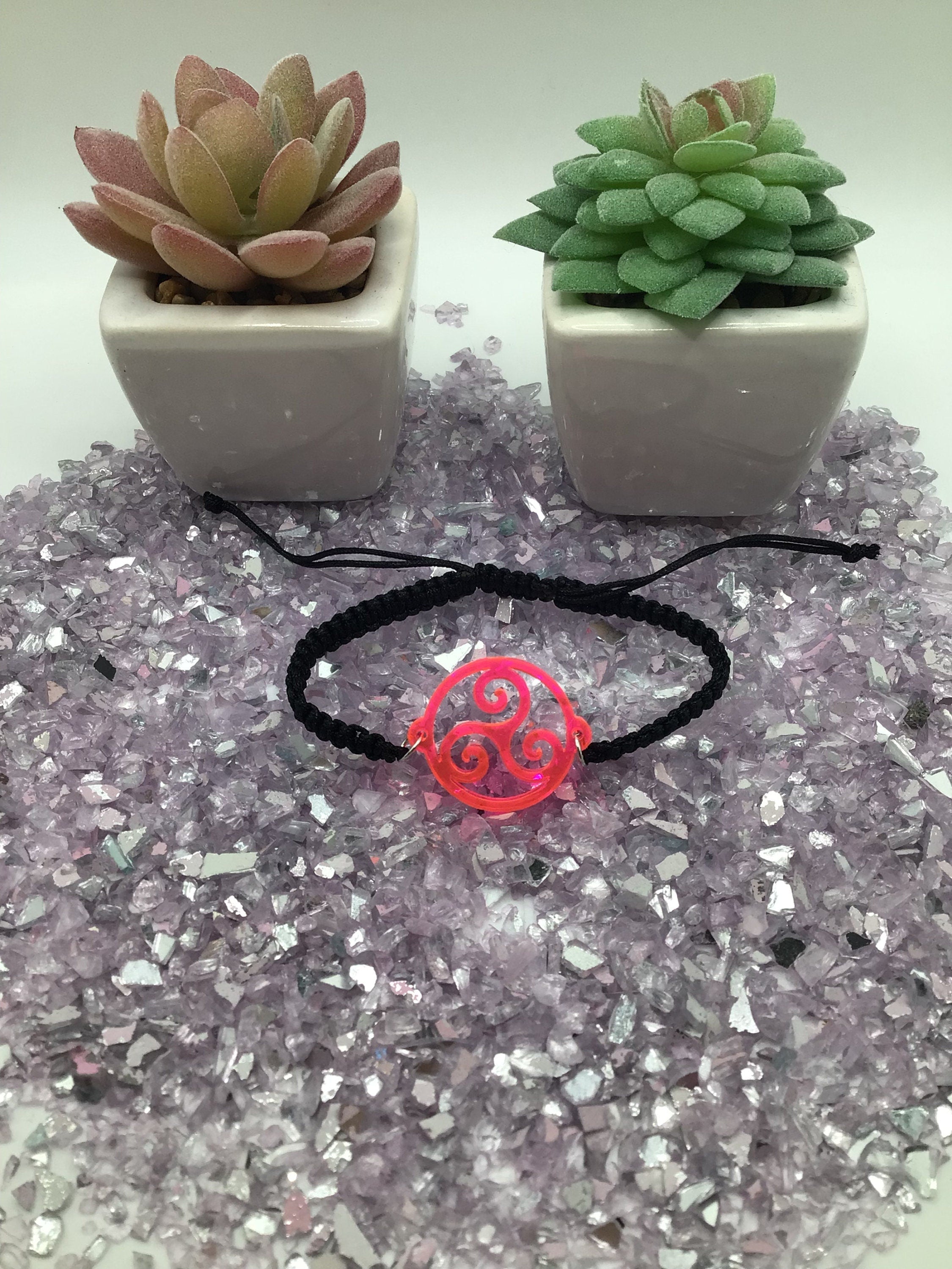 Triskelion Hot Pink Acrylic on Adjustable Black Cord Bracelet
