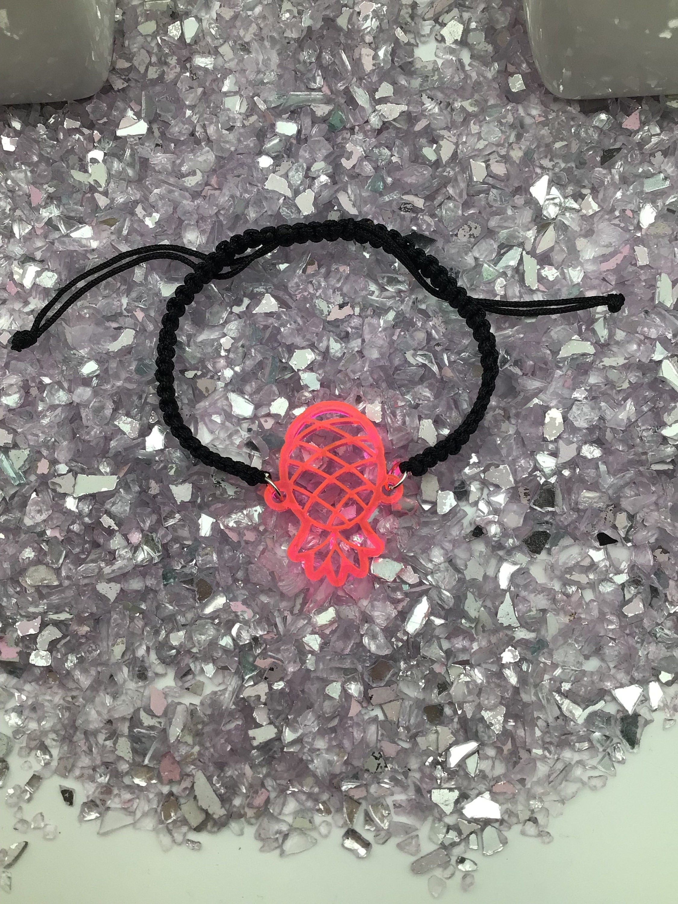 Upside Down Pineapple Hot Pink Acrylic on Adjustable Black Cord Bracelet