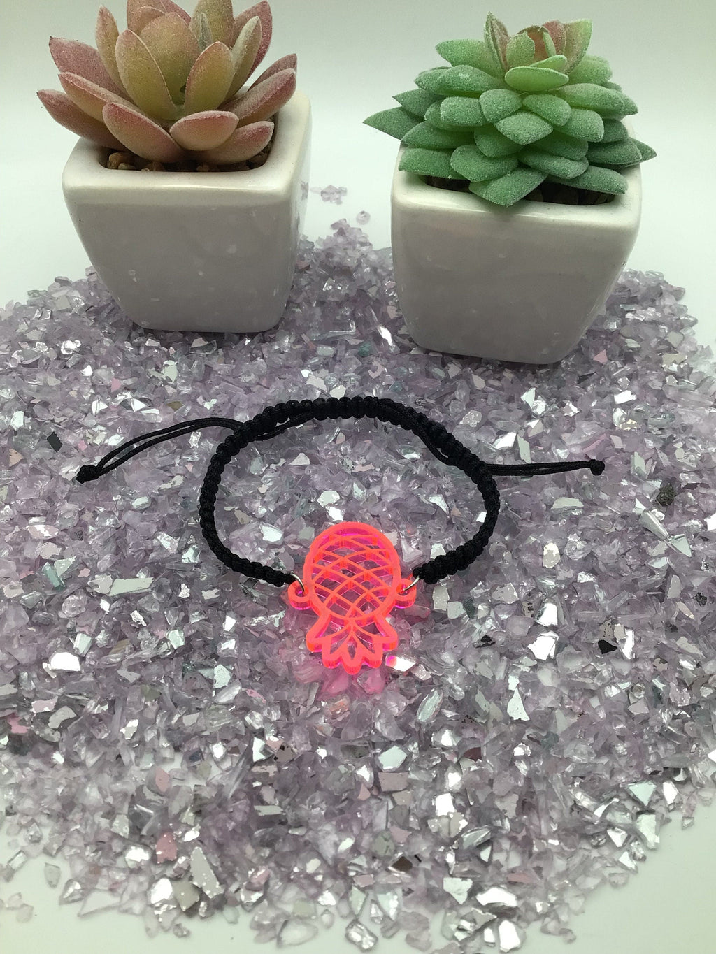 Upside Down Pineapple Hot Pink Acrylic on Adjustable Black Cord Bracelet