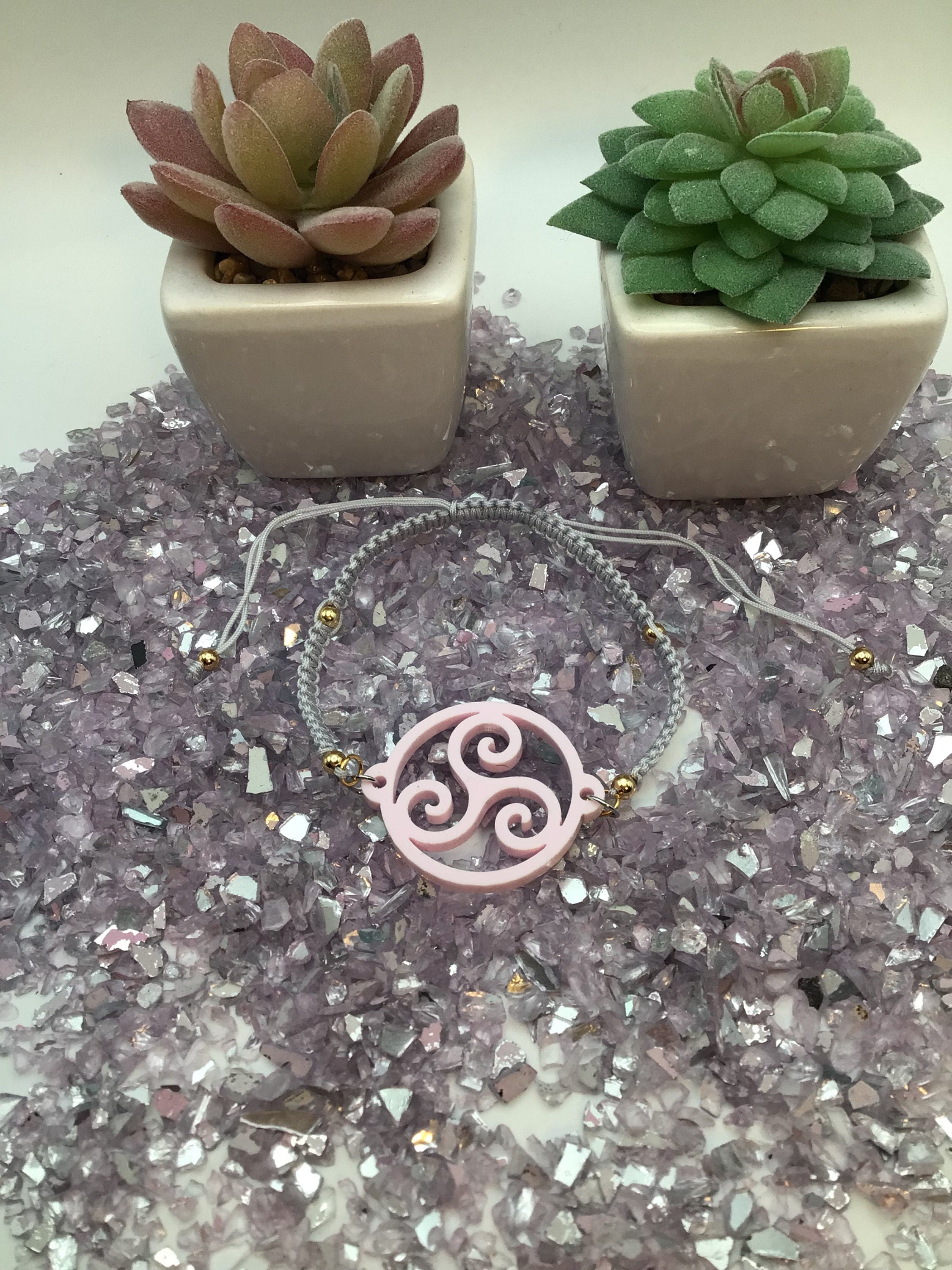 Triskelion Tulip Pink Acrylic on Adjustable Gray Bracelet
