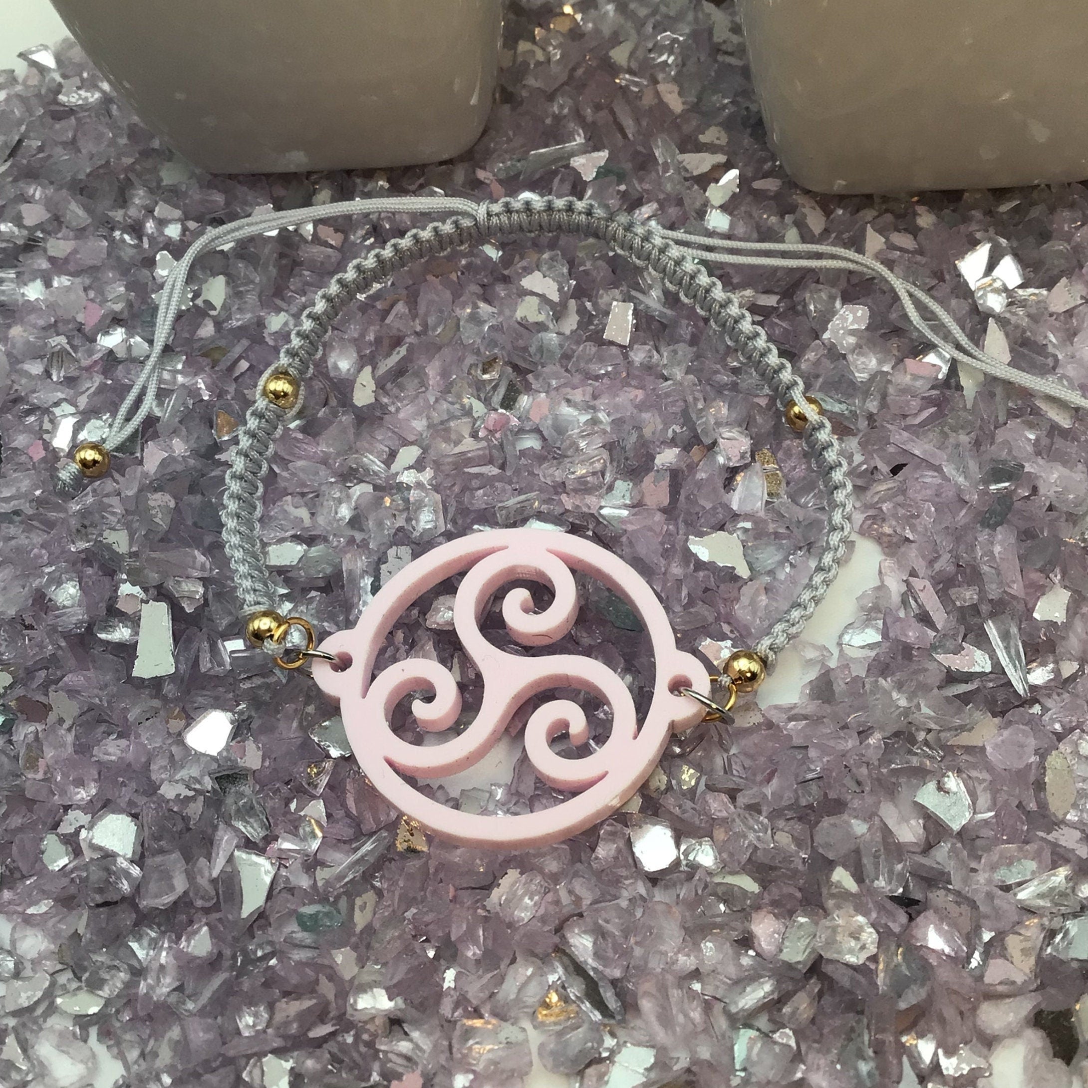 Triskelion Tulip Pink Acrylic on Adjustable Gray Bracelet