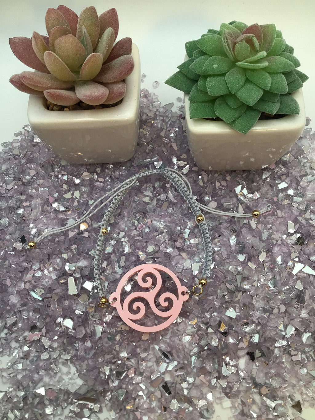 Triskelion Rose Pink Acrylic on Adjustable Gray Bracelet