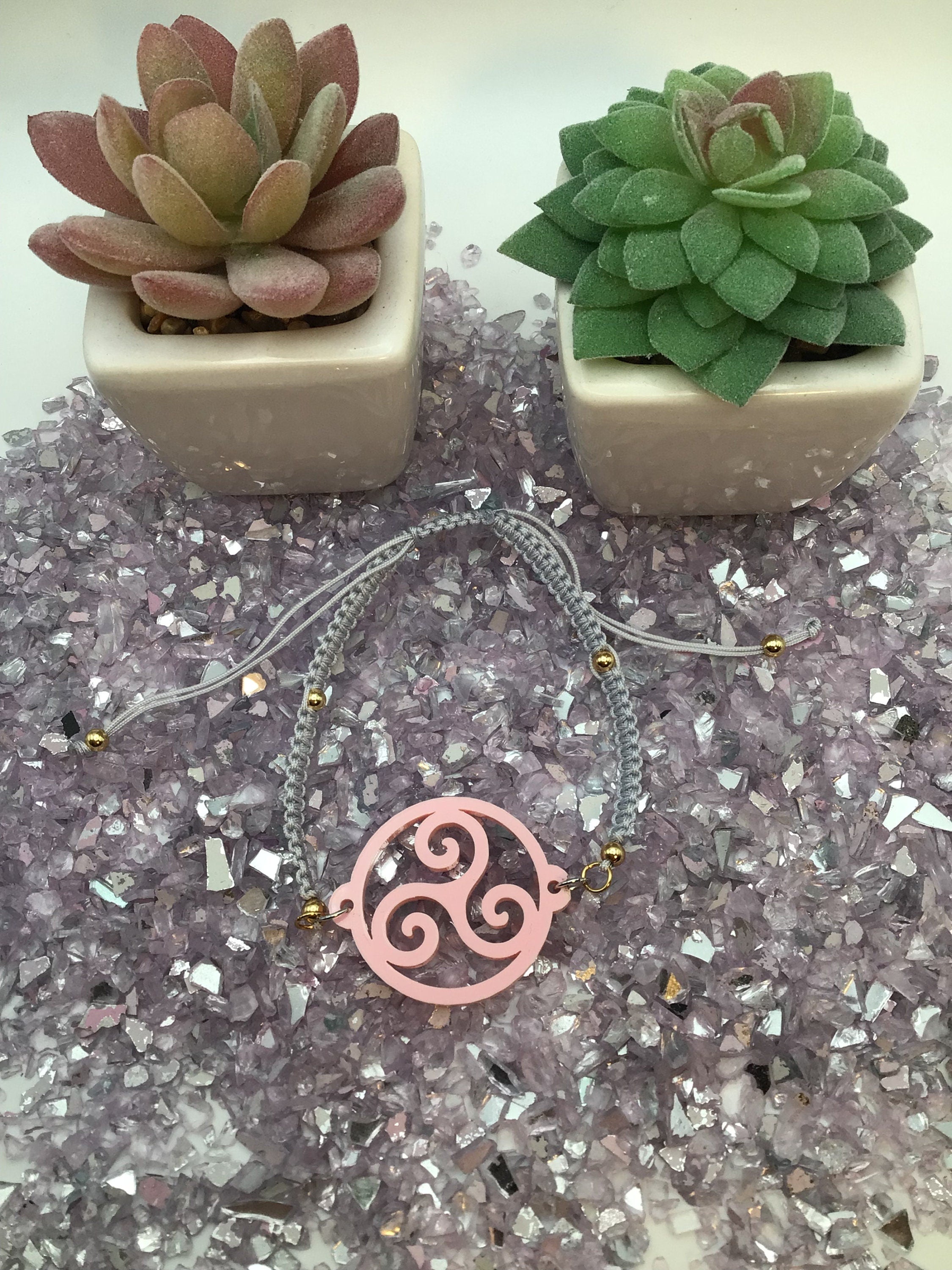 Triskelion Rose Pink Acrylic on Adjustable Gray Bracelet