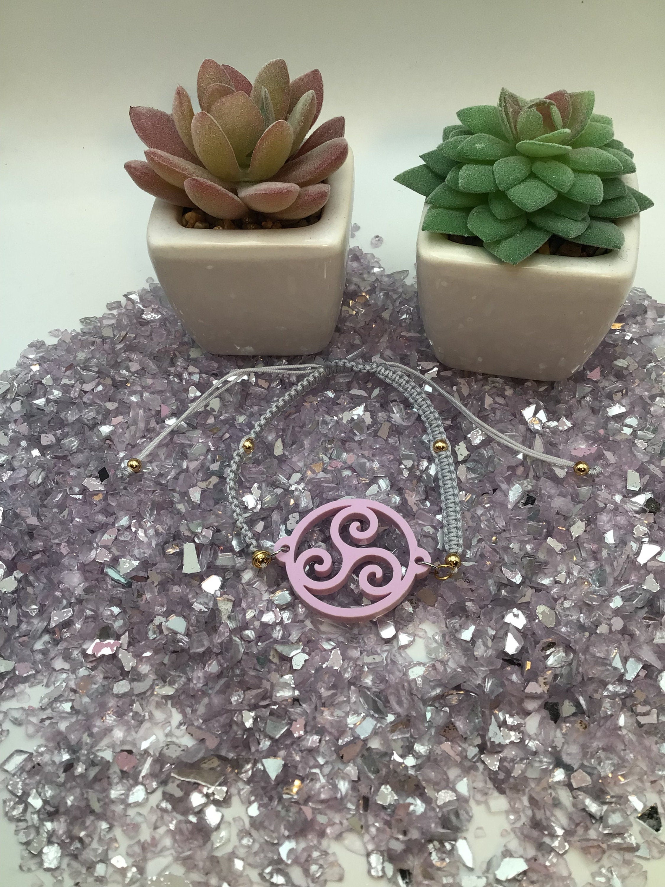 Triskelion Violet Lavender Acrylic on Adjustable Gray Bracelet