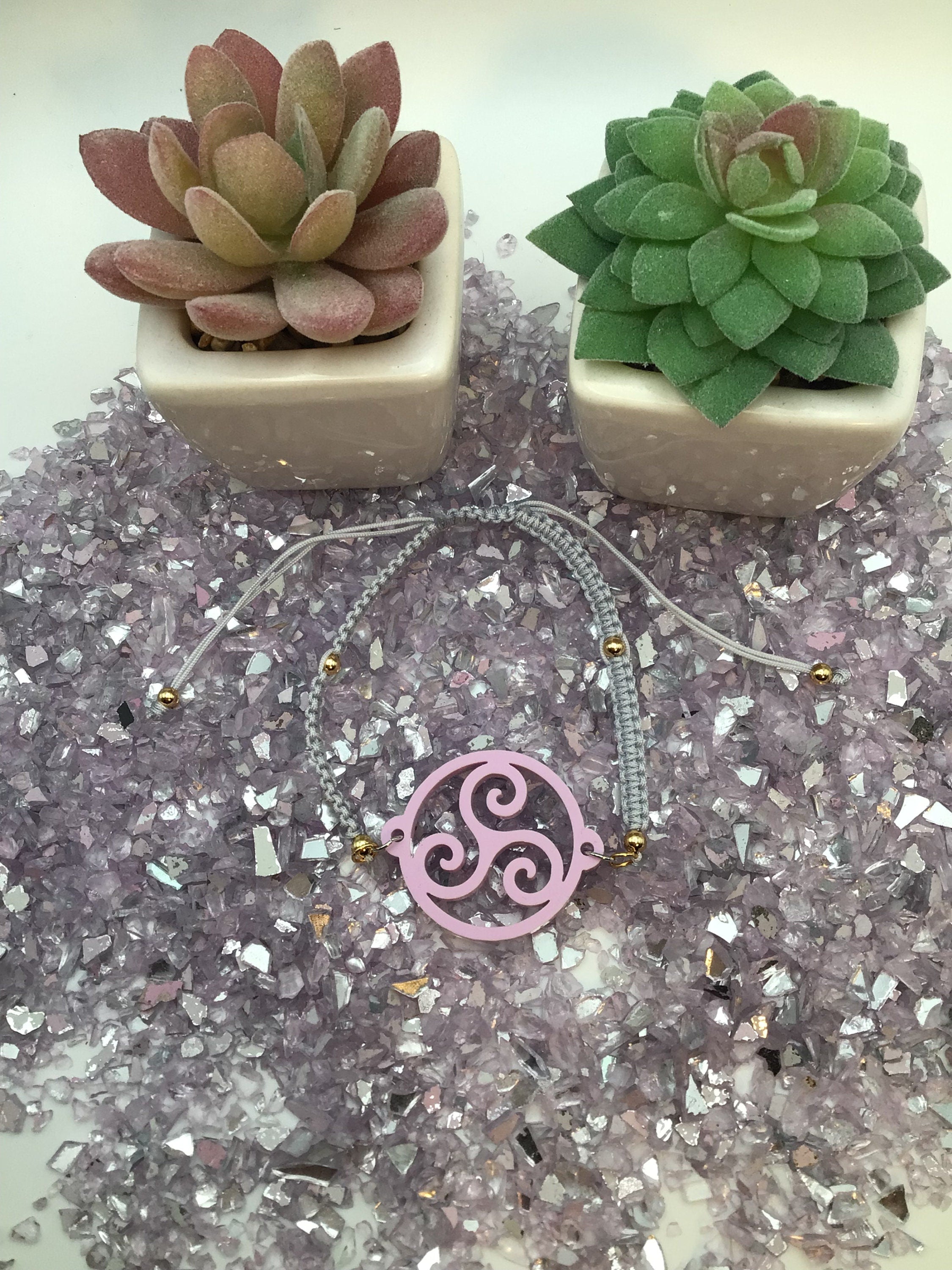 Triskelion Violet Lavender Acrylic on Adjustable Gray Bracelet