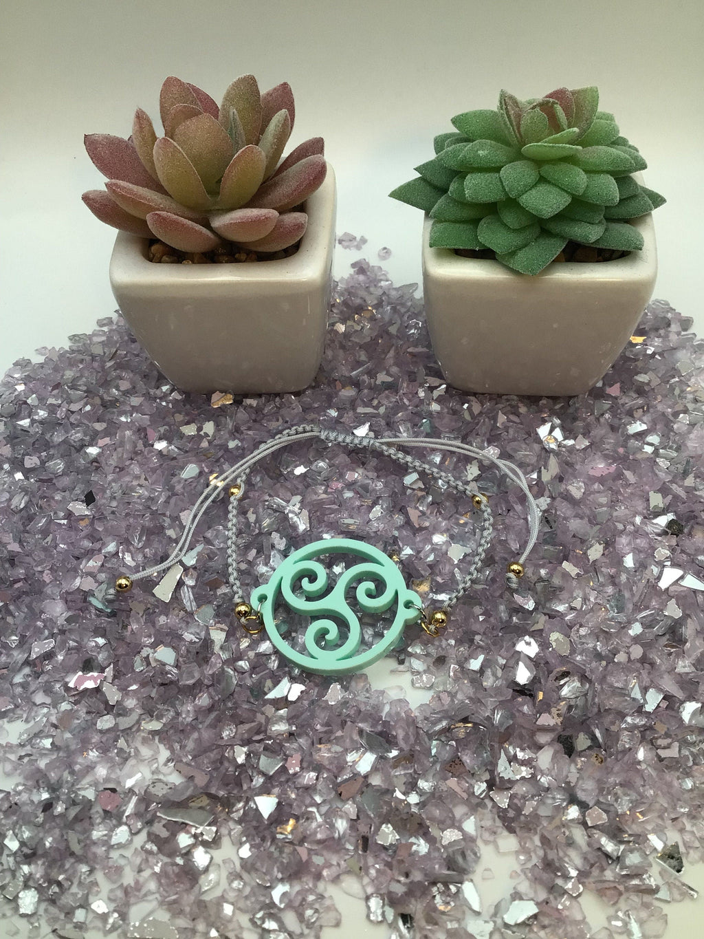 Triskelion Sea Holly Teal Acrylic on Adjustable Gray Bracelet