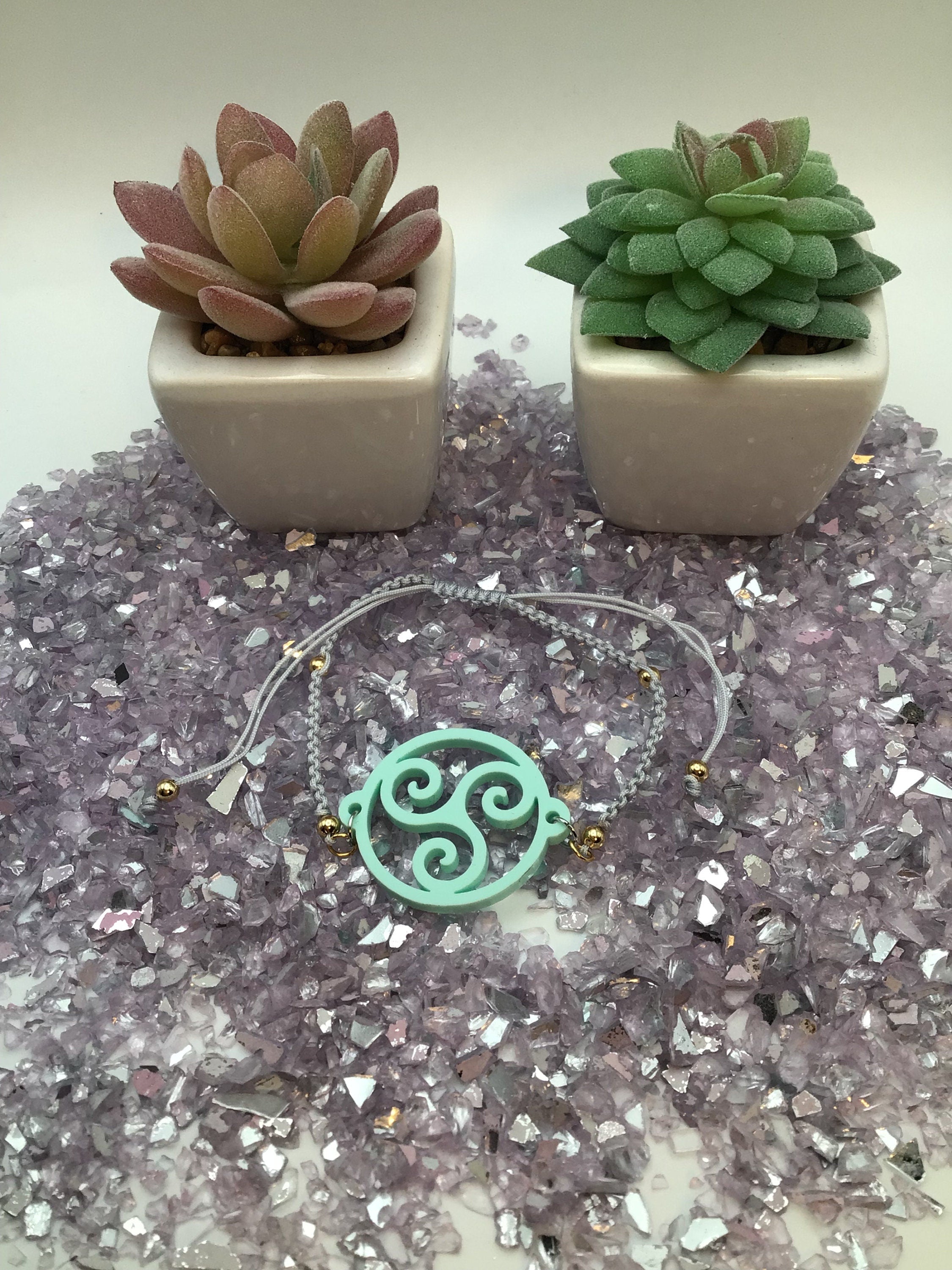 Triskelion Sea Holly Teal Acrylic on Adjustable Gray Bracelet