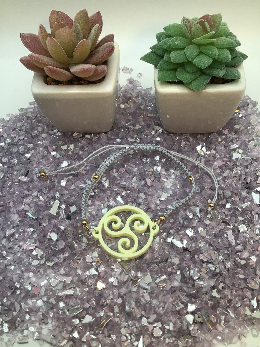 Triskelion Butter Cup Yellow Acrylic on Adjustable Gray Bracelet