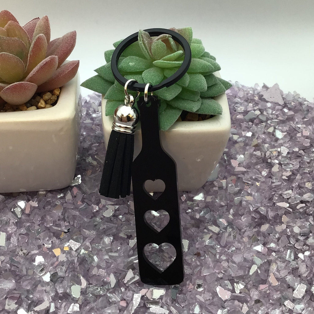Heart Paddle Keyring, Black Acrylic w/Black Tassel
