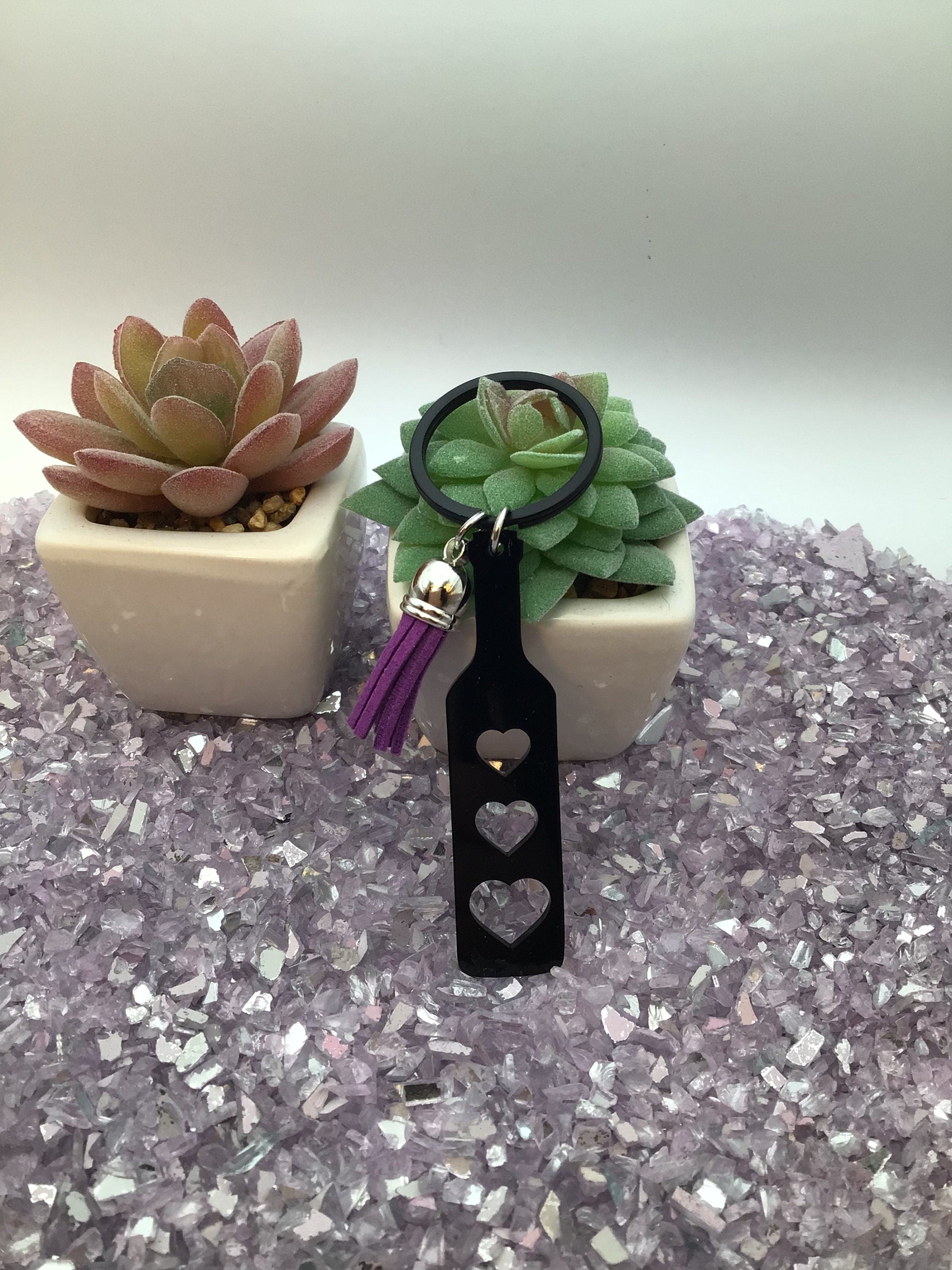 Heart Paddle Keyring, Black Acrylic w/Purple Tassel