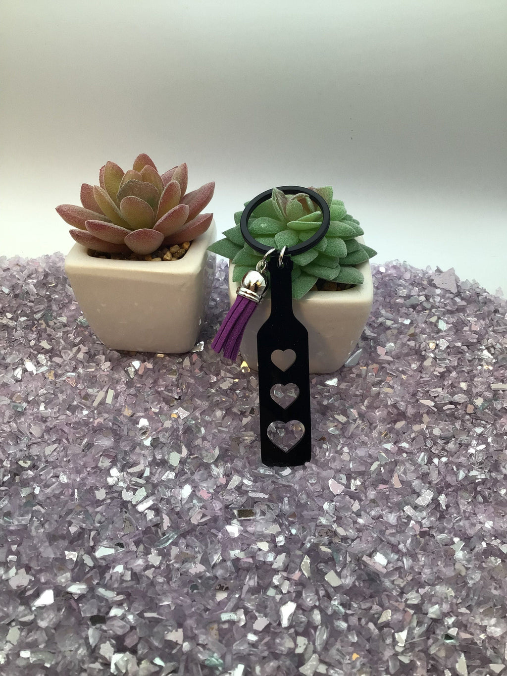 Heart Paddle Keyring, Black Acrylic w/Purple Tassel