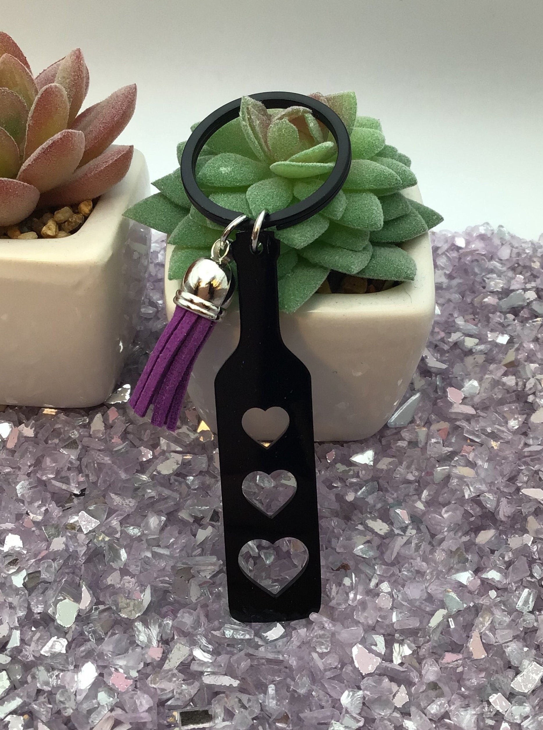 Heart Paddle Keyring, Black Acrylic w/Purple Tassel