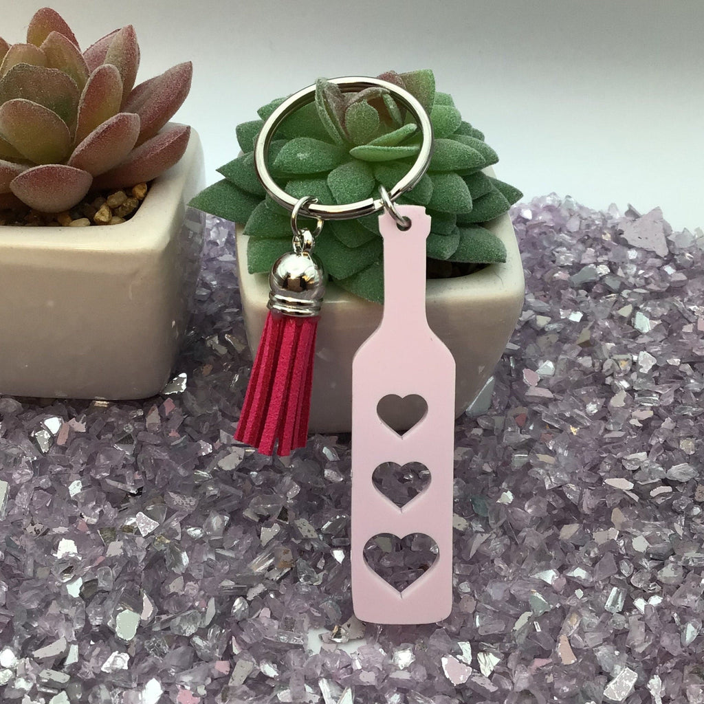 Heart Paddle Keyring, Tulip Pink Acrylic w/Fuchsia Pink Tassel