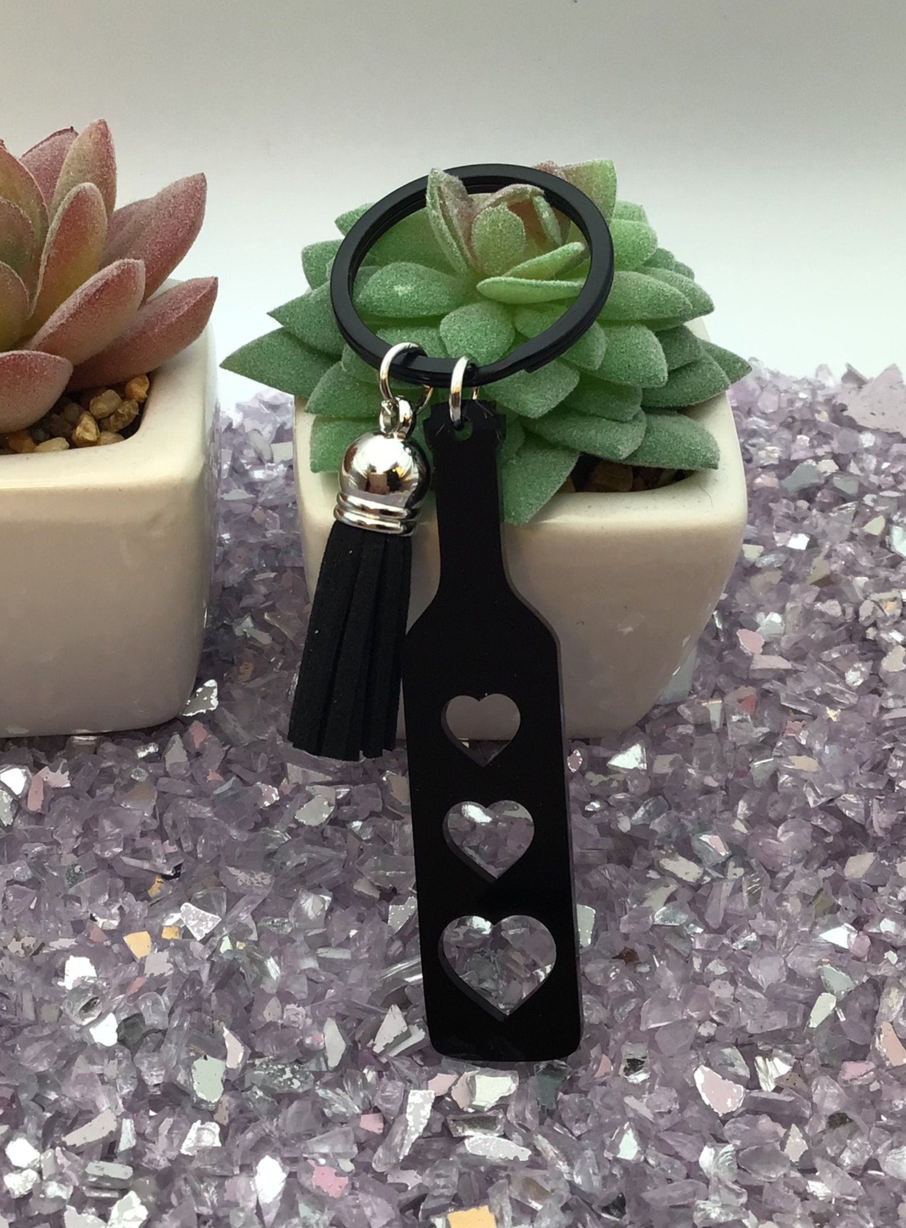 Heart Paddle Keyring, Black Acrylic w/Black Tassel
