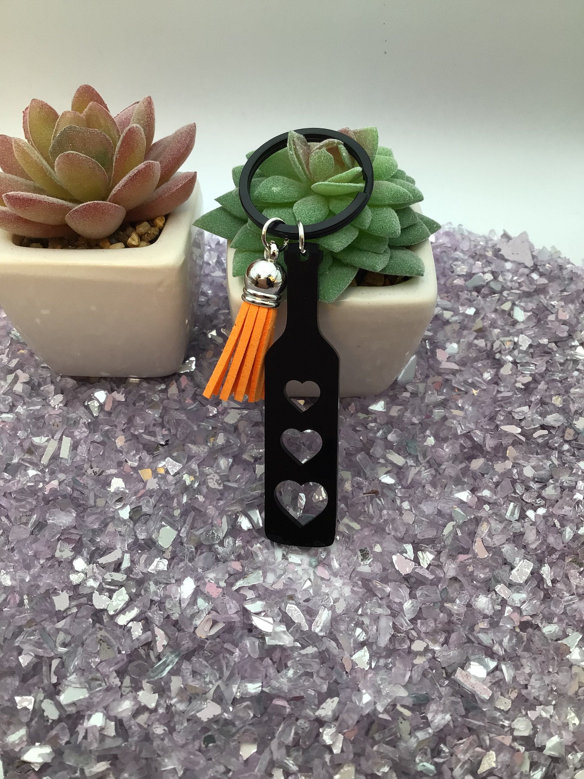 Heart Paddle Keyring, Black Acrylic w/Orange Tassel