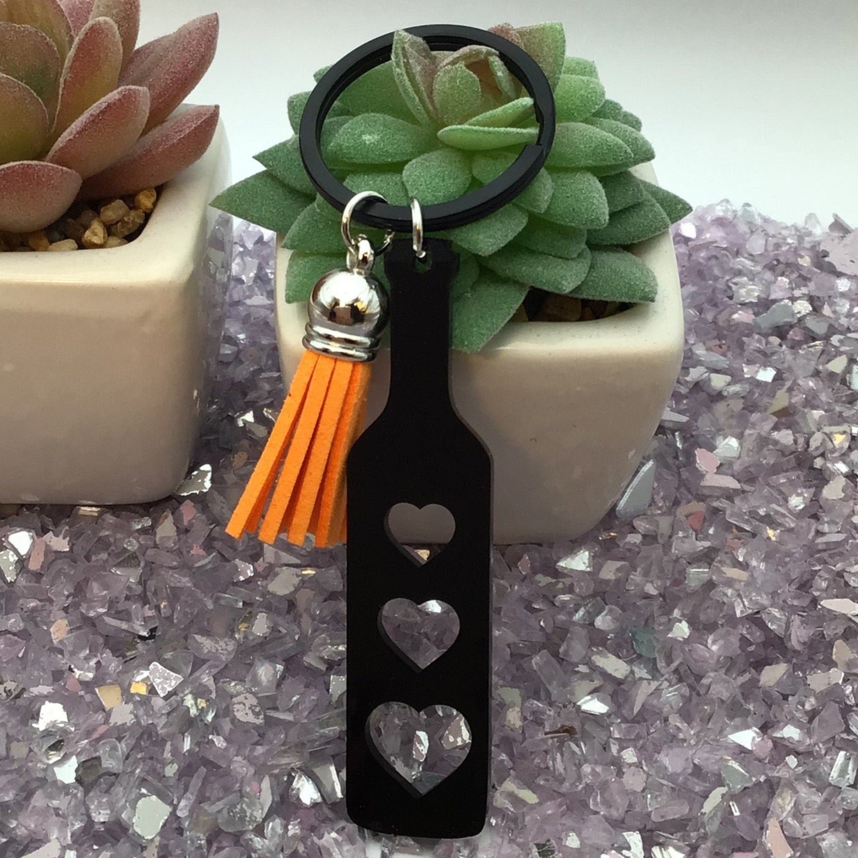 Heart Paddle Keyring, Black Acrylic w/Orange Tassel